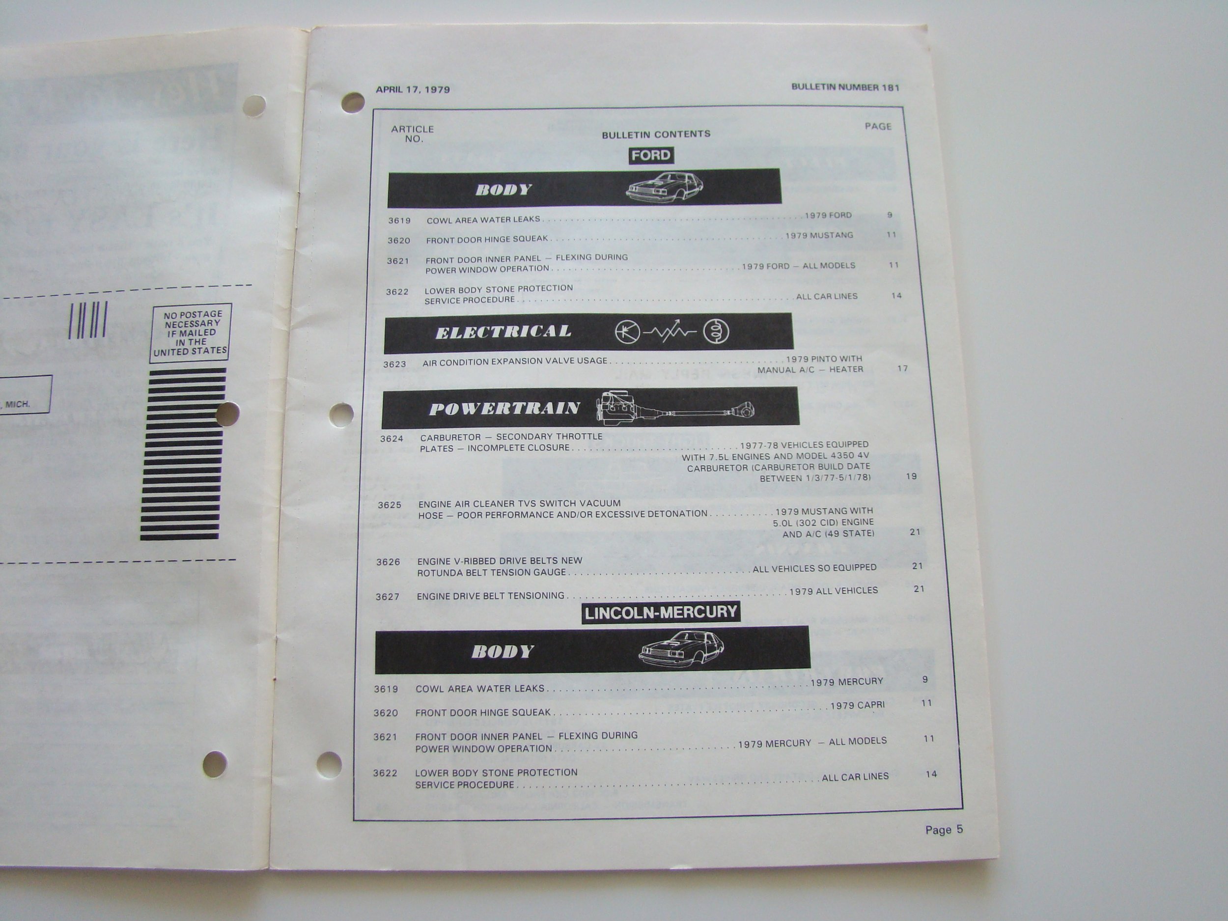 A page from a car maintenance manual, dated April 17, 1979, showing table of contents for Ford and Lincoln-Mercury models, including sections on body, electrical, and powertrain.