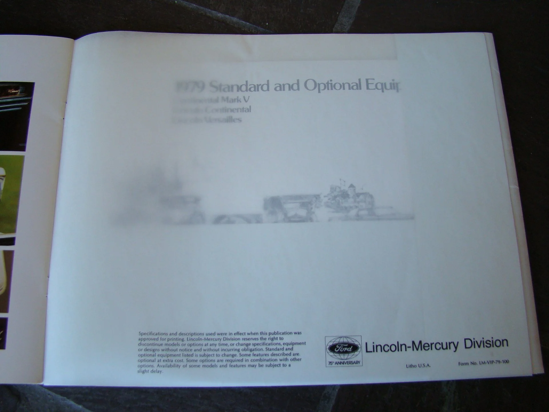 Open booklet showing a title, logos, and a faded illustration on the page. The visible title is 'Standard and Optional Equipment,' and there is a Lincoln-Mercury logo with a note about the 75th anniversary.