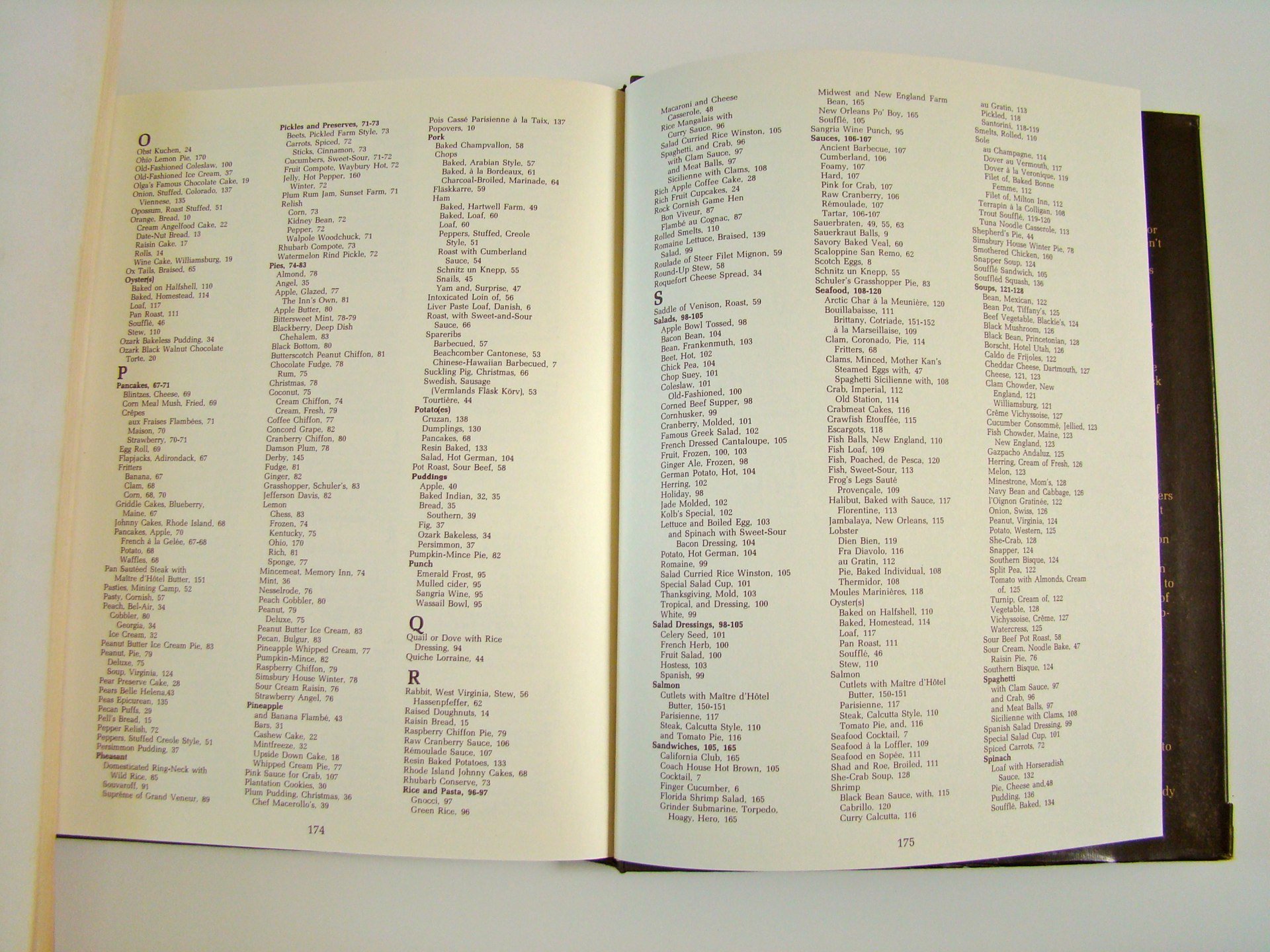 Open cookbook showing pages 174 and 175 filled with various recipes and food items, organized alphabetically.