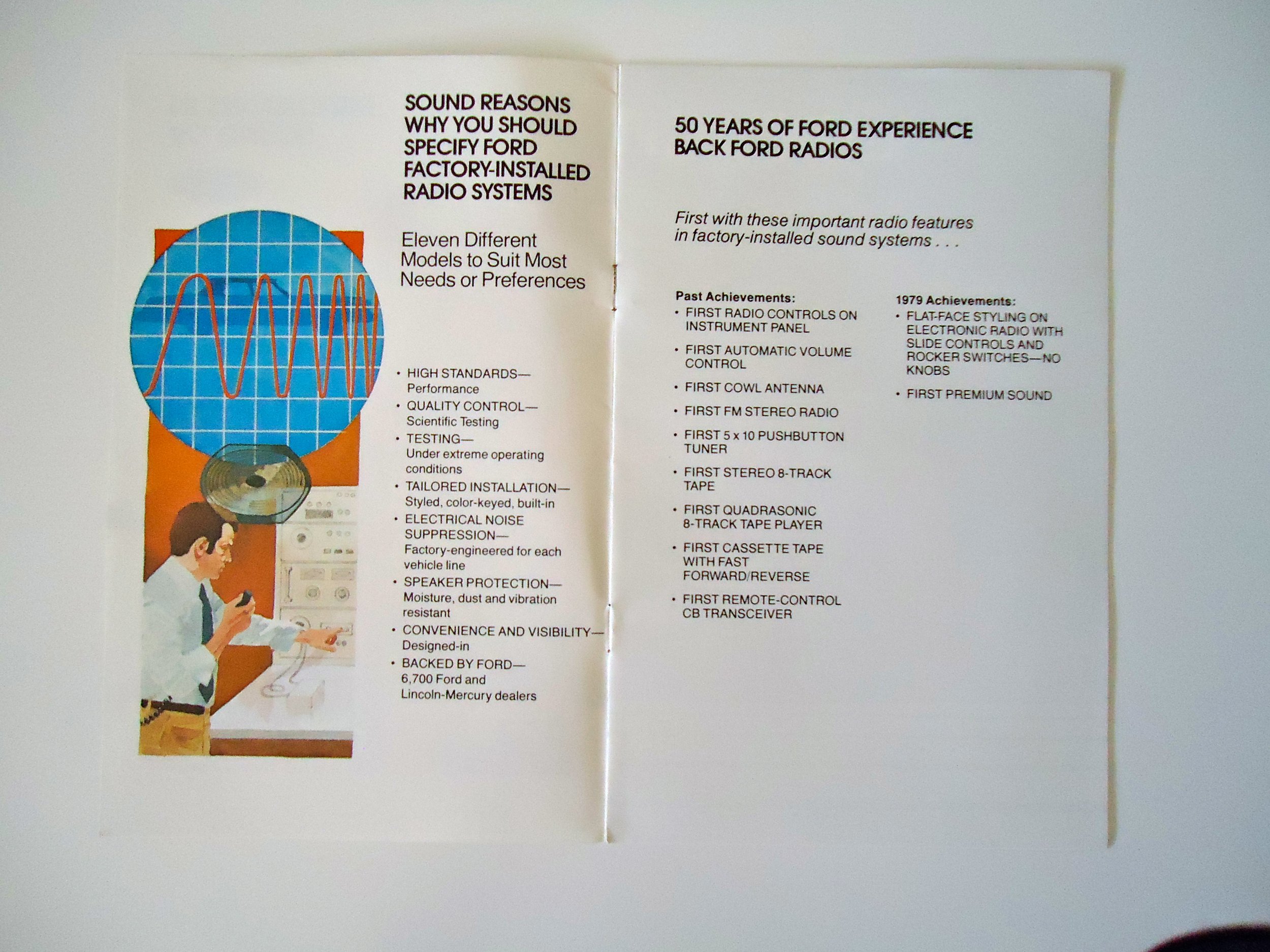 A vintage advertisement for Ford radios highlighting features and achievements over 50 years, with an illustration of a man using a cash register and a blue graph with orange lines.