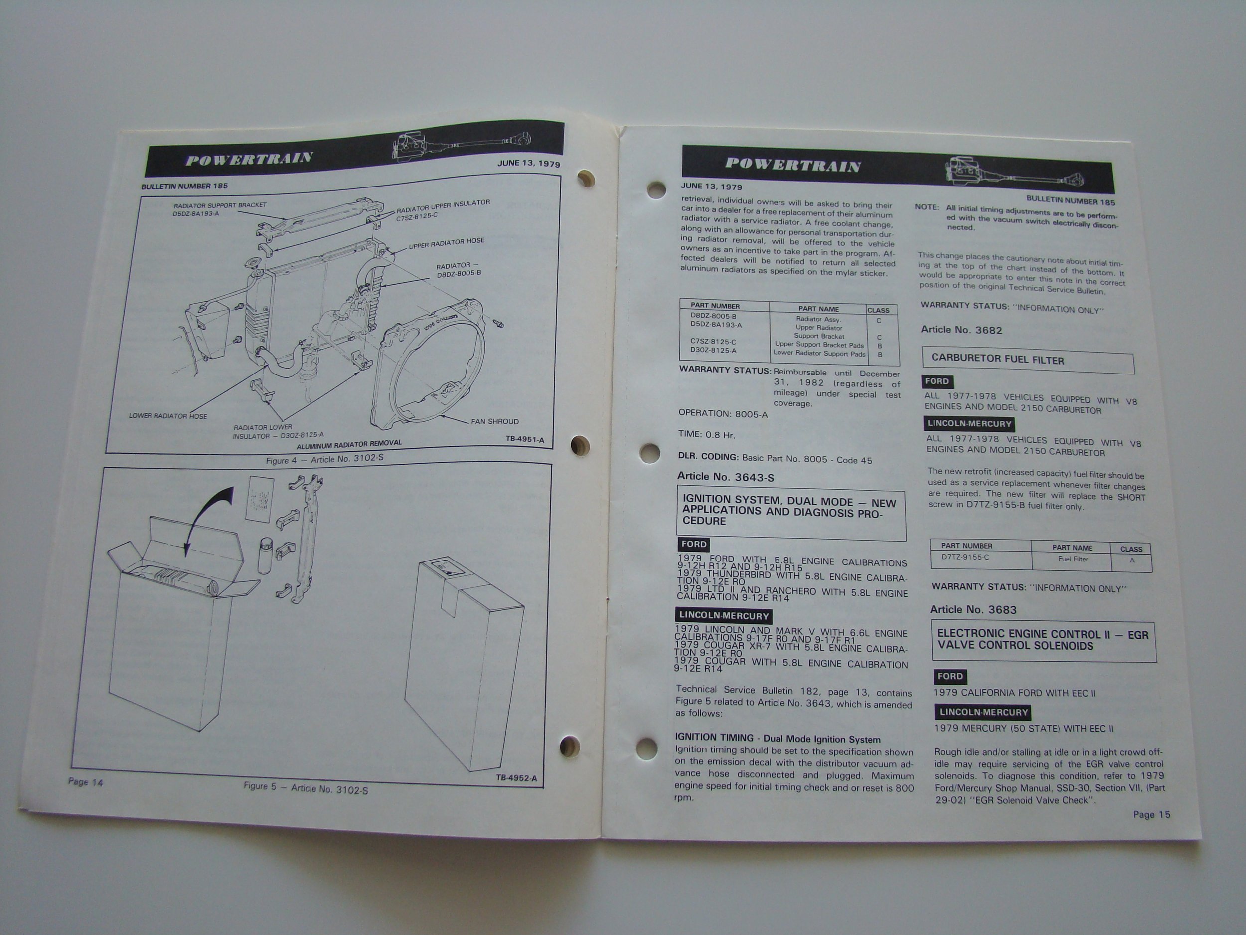 Open manual pages showing diagrams and technical information about car radiator support, hoses, and air conditioning system.