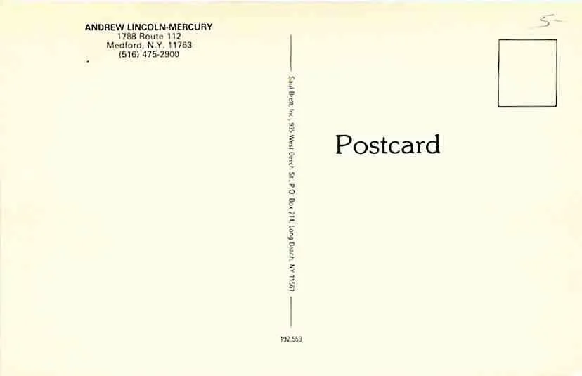 Back of a vintage postcard with the word 'Postcard' printed on the right side and a postal box area in the upper right corner. The sender's information is printed in the top left corner, including the name Andrew Lincoln-Mercury, an address in Melfor