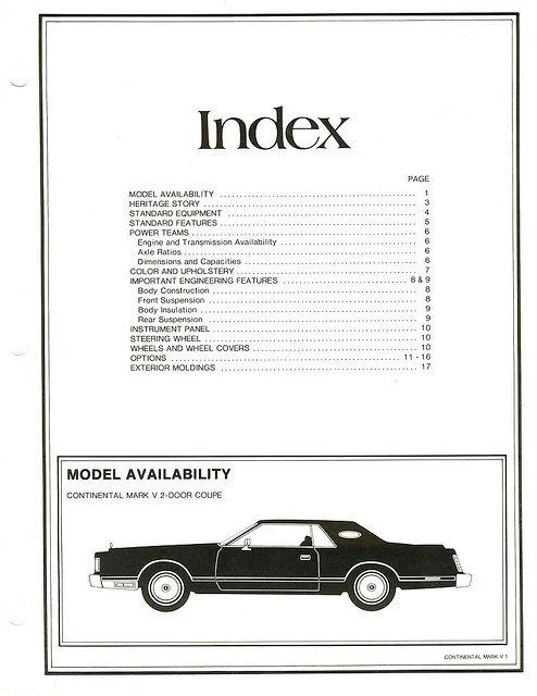 Page from an index with table of contents and illustration of a black two-door coupe car.