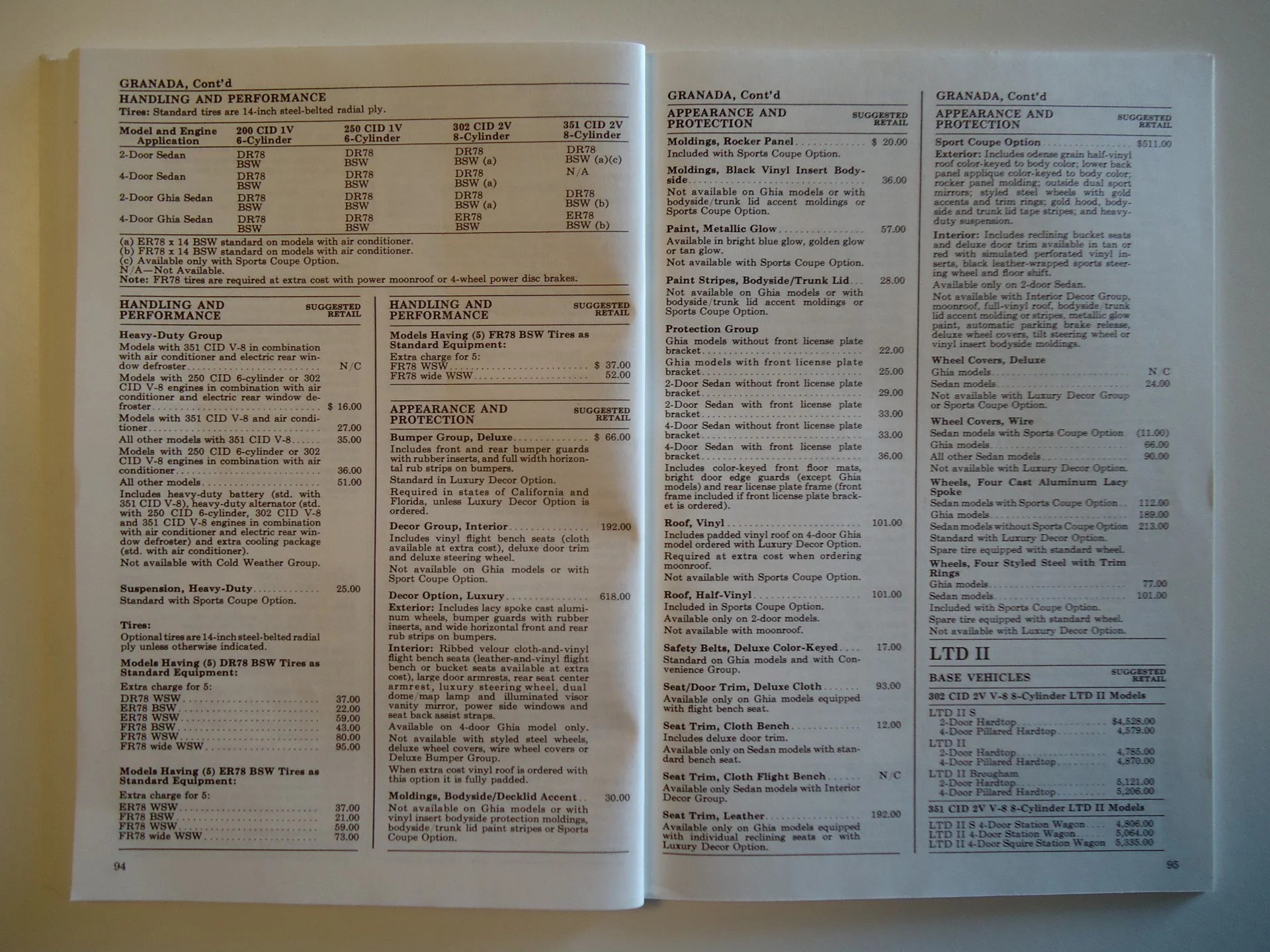 A car catalog page featuring models and options, including handling, performance, appearance, protection, and accessories for various vehicle models, with prices and descriptions.