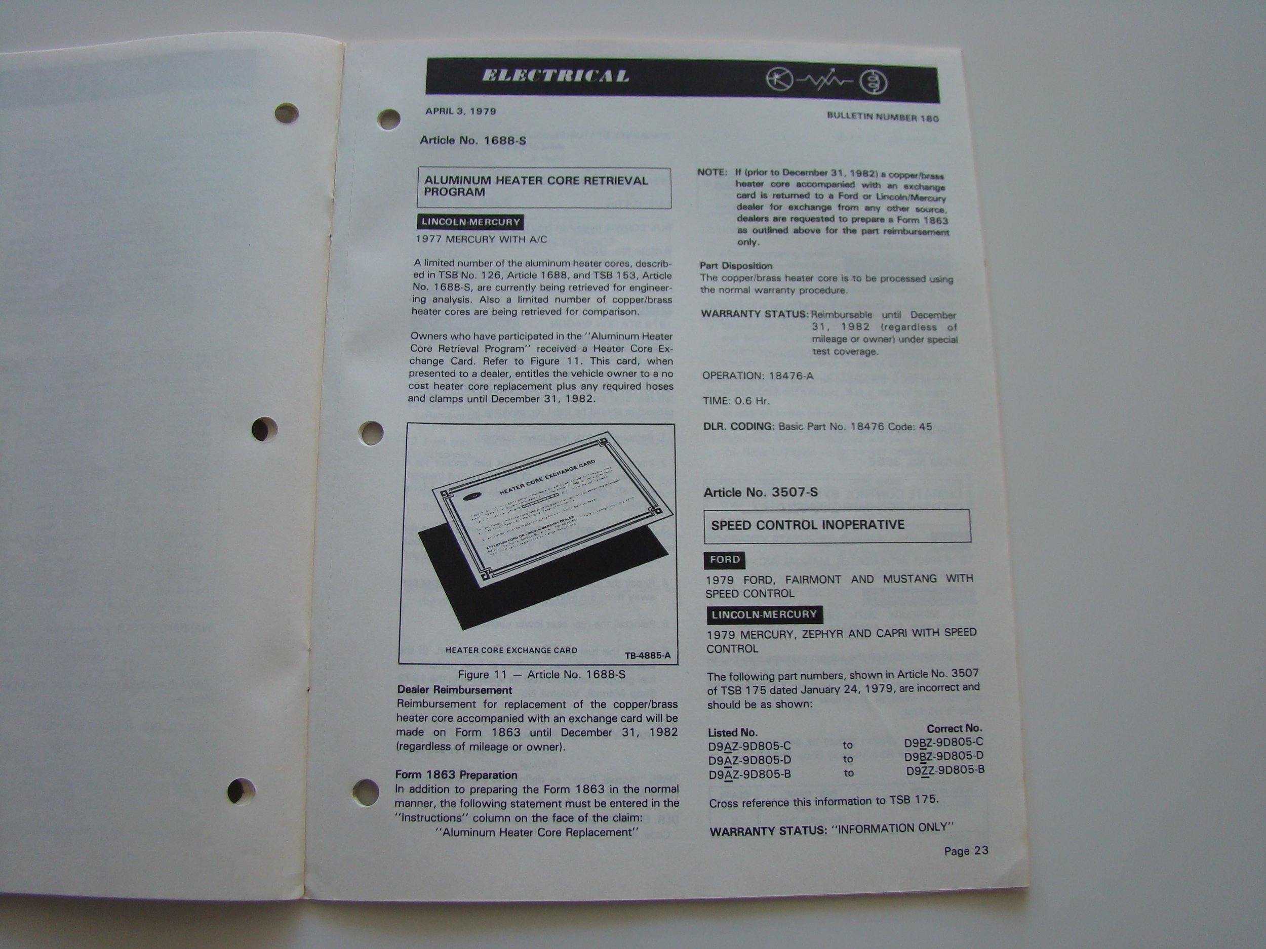 Technical document page featuring the heading 'Electrical', dated April 3, 1979, discussing aluminum heater core retrieval program, warranty information, part numbers, and related technical details, along with an illustration of a heater core exchang