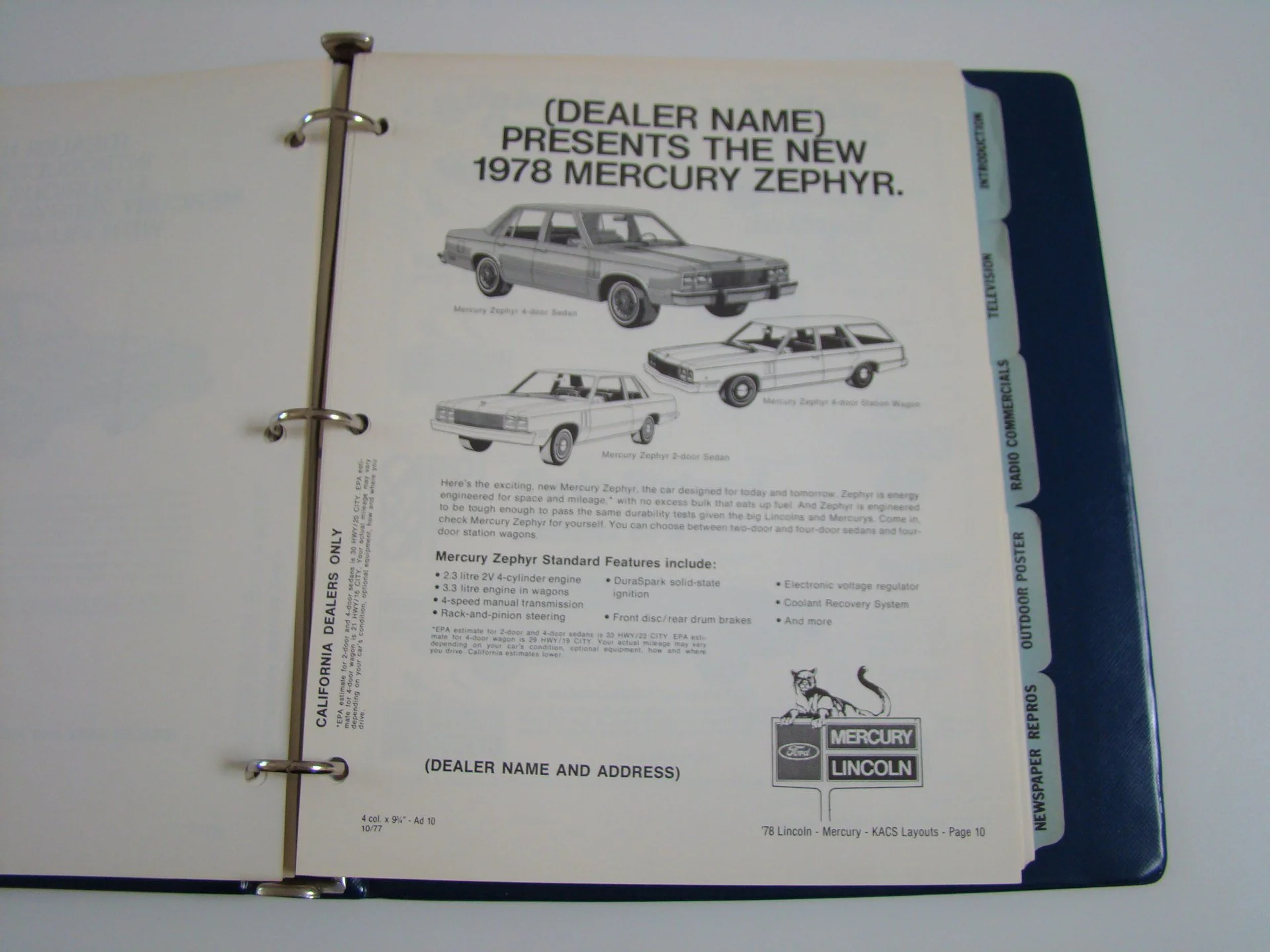 A printed brochure or catalog page showcasing a 1978 Mercury Zephyr, displaying images of a four-door sedan and wagon, with details about features and specifications, and a Mercury Lincoln logo at the bottom.