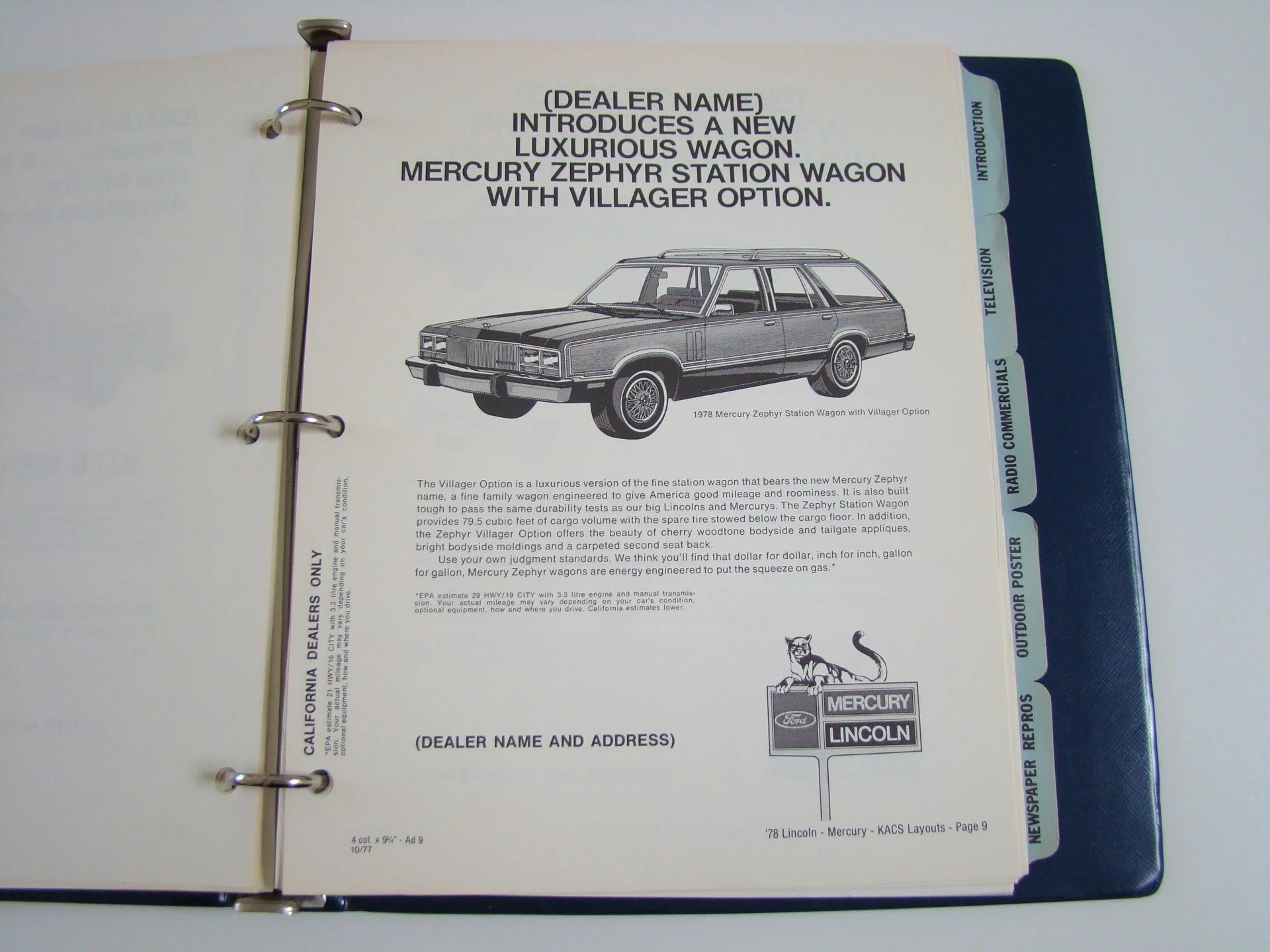 Page from a binder with an illustrated advertisement for a 1978 Mercury Zephyr Station Wagon with Villager Option, featuring a black and white drawing of the car, and tabs on the right labeled 'Introduction', 'Television', 'Radio Commercials', 'Outdo
