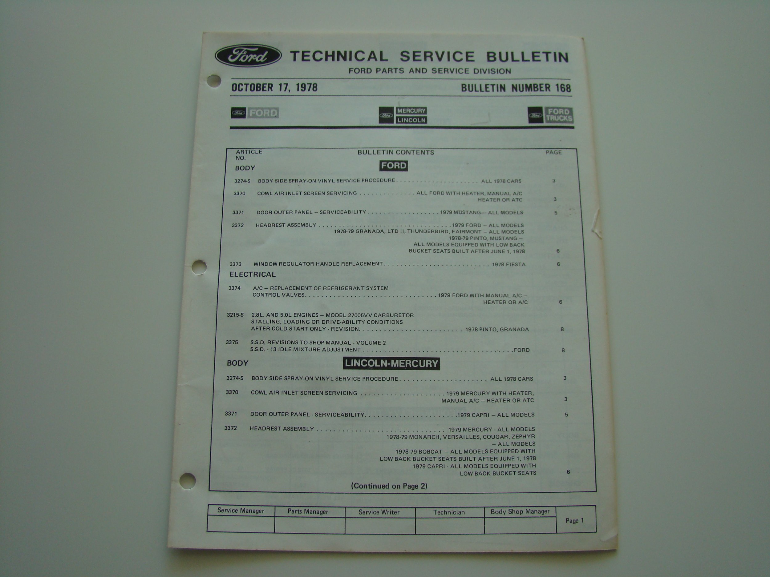 A Ford technical service bulletin from October 17, 1978, listing service procedures for Ford, Lincoln-Mercury, Mercury, and Lincoln cars.