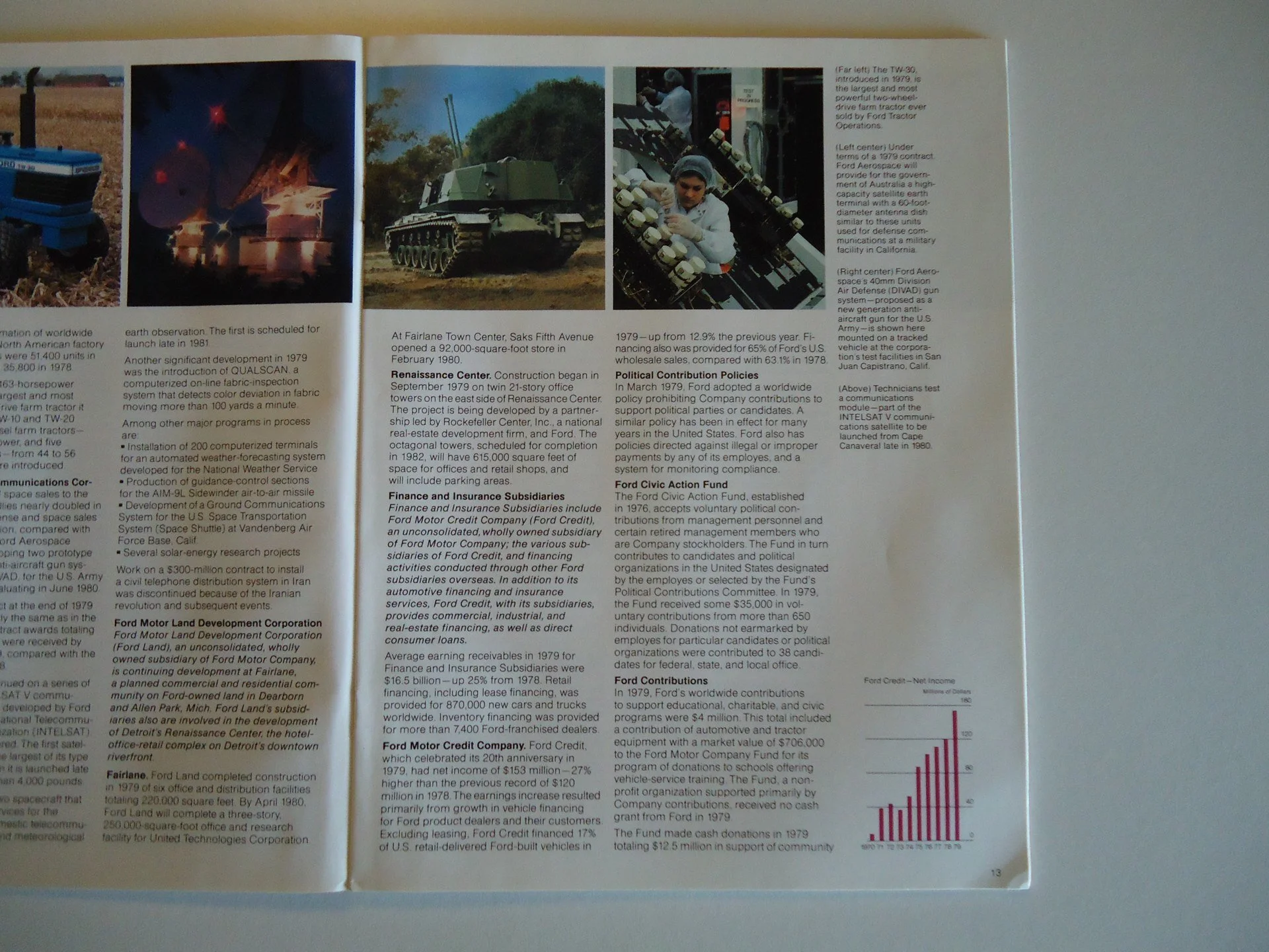 A page from a booklet or magazine featuring images and text about Ford vehicles, defense equipment, and financial information. The page includes photos of a tractor, a tank, a person working on a missile or rocket, and a bar graph showing net income