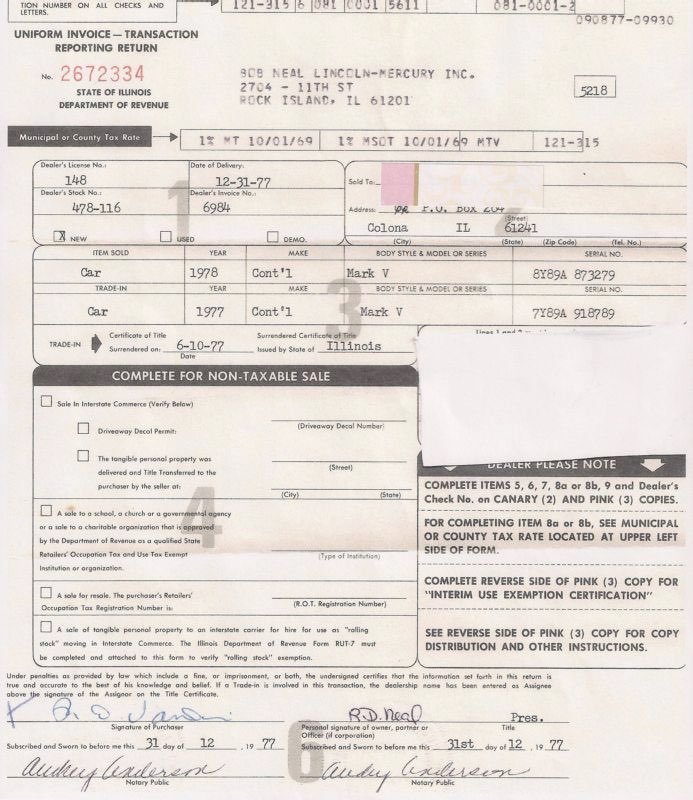 Photocopy of a vehicle sale invoice showing details such as the seller, buyer, vehicle information, and various signatures.