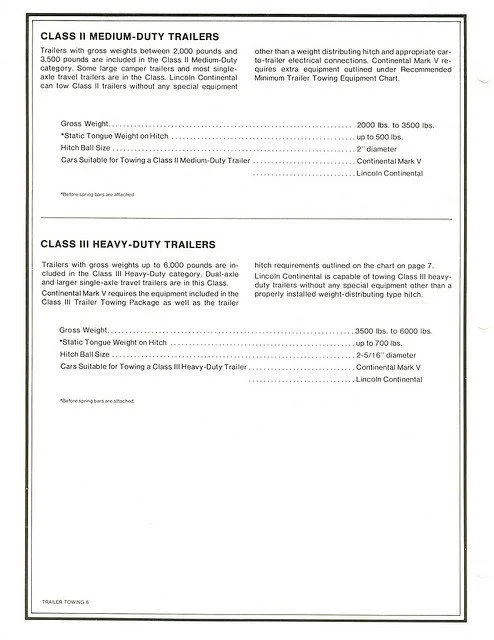 Text document explaining specifications for Class II Medium-Duty and Class III Heavy-Duty trailers, including weights, hitch sizes, and suitable vehicles.
