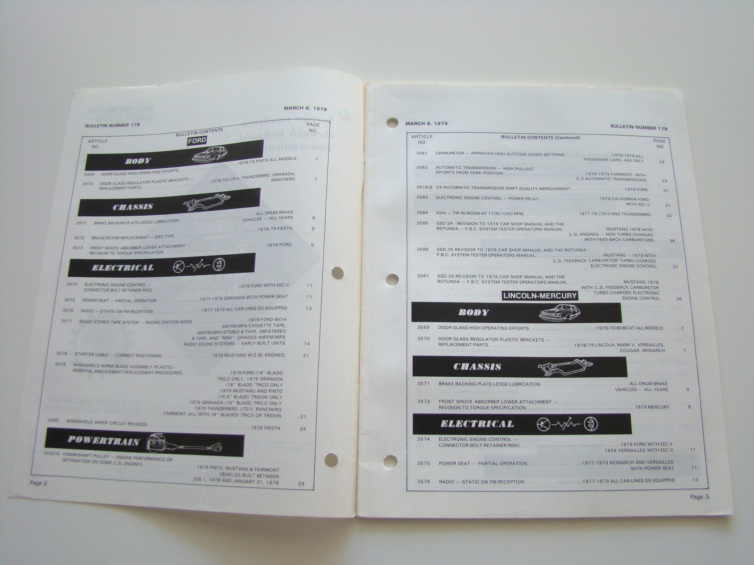 Open manual showing pages with sections for Ford and Lincoln-Mercury vehicle maintenance, including body, chassis, electrical, and powertrain information, dated March 6, 1979.