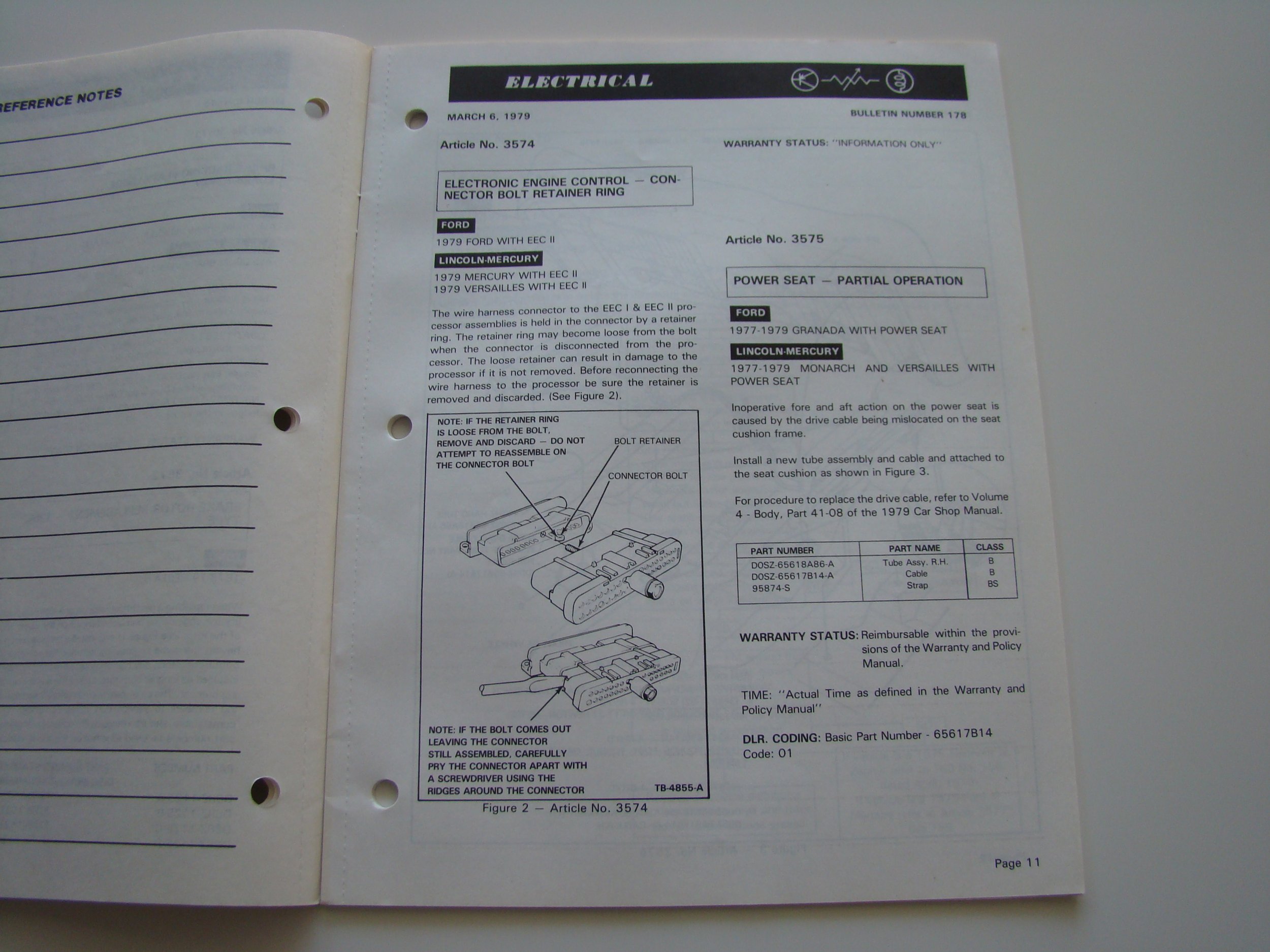 Page from an automotive manual titled 'Electrical' with diagrams and instructions about electronic engine control connector bolt retainer ring, dated March 6, 1979.