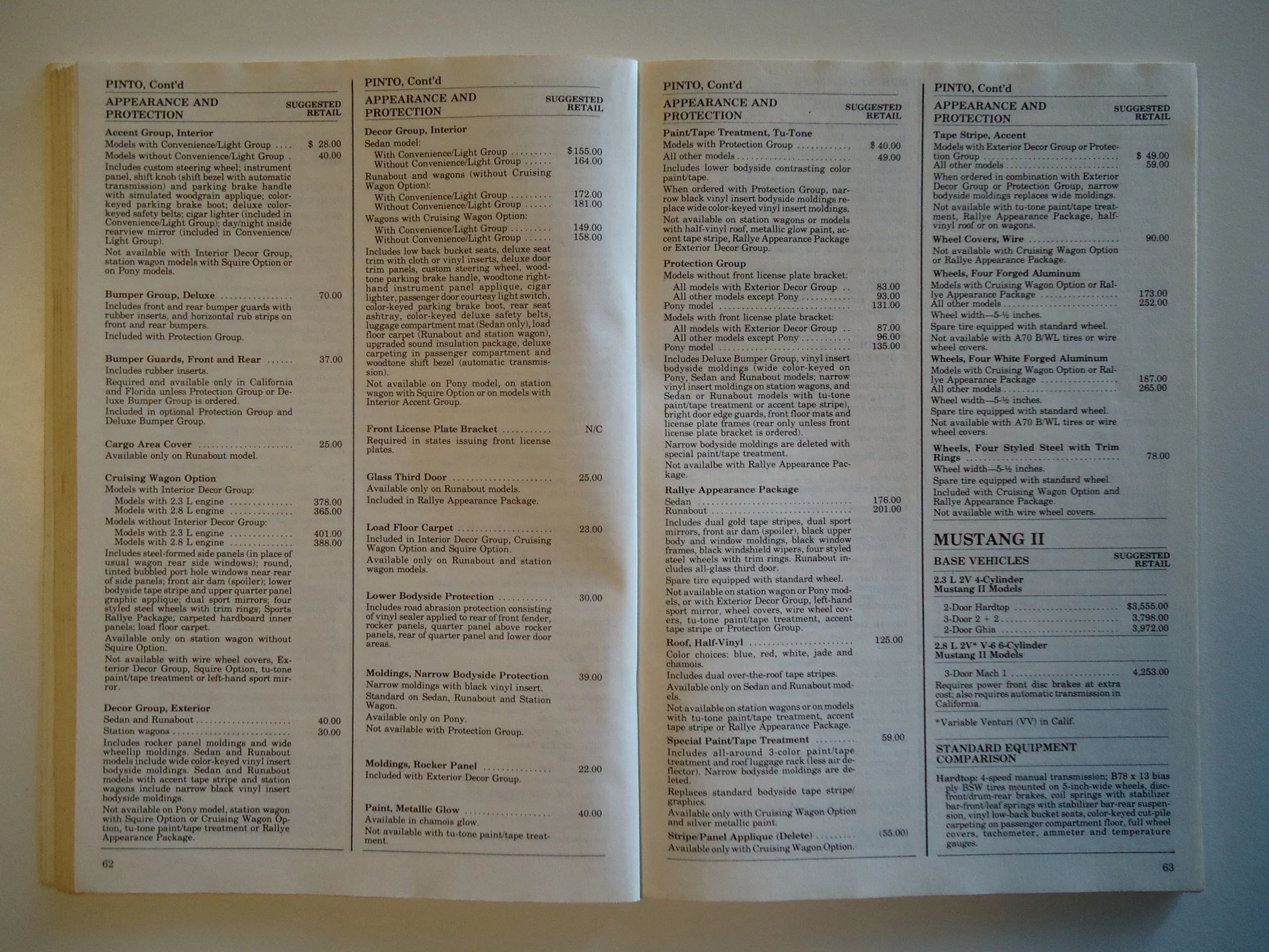 Pages of a manual or catalog featuring vehicle appearance and protection options, including interior and exterior decor, bumper guards, floor carpets, and various accessories with prices listed.