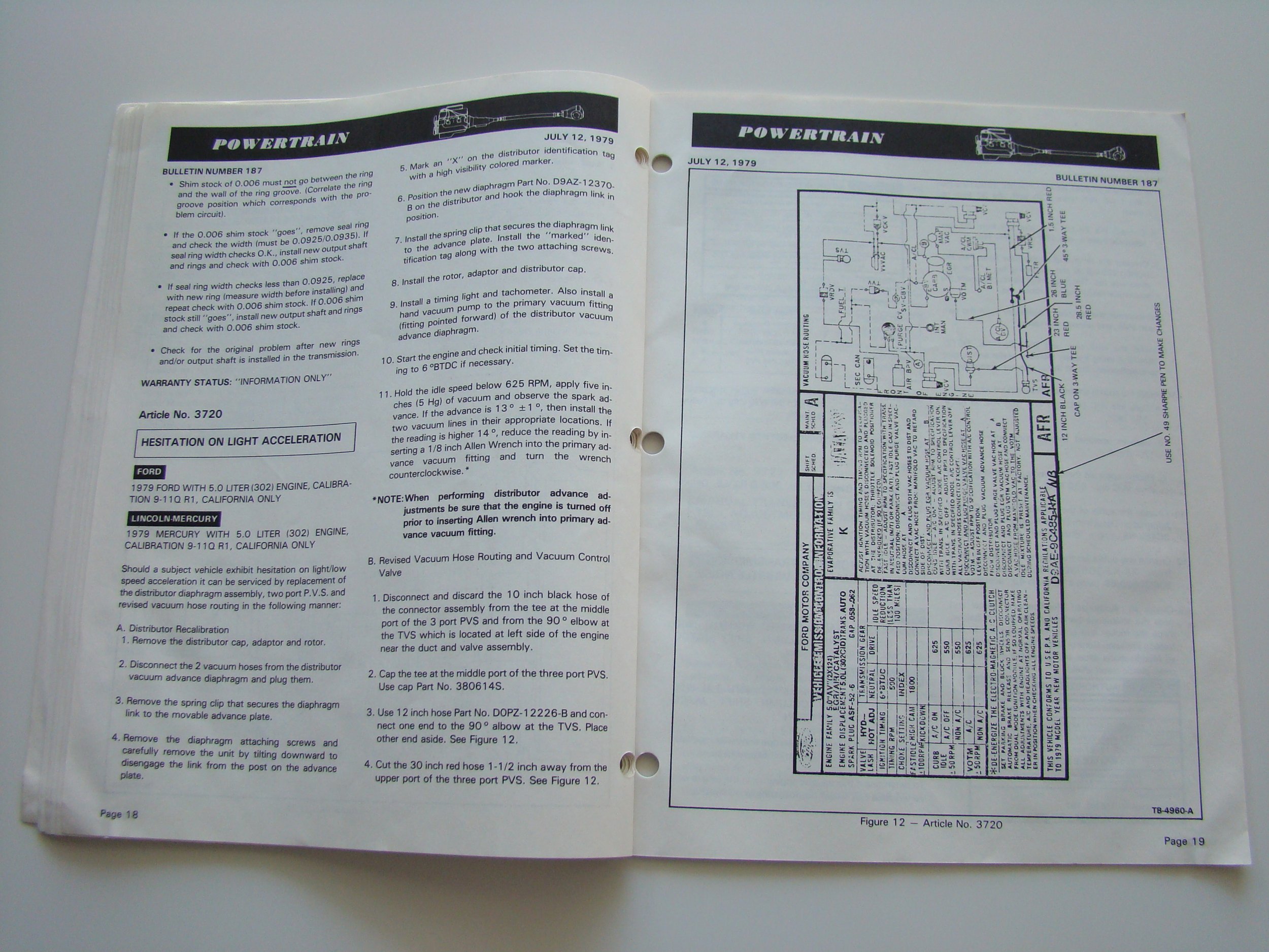 Open vehicle maintenance manual displaying a wiring diagram and instructions for powertrain diagnostics from July 12, 1979.