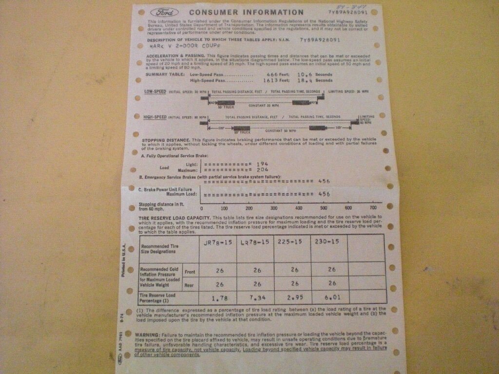 A Ford consumer information sheet with vehicle details, pass speed summaries, braking system info, tire specifications, and tire pressure recommendations.