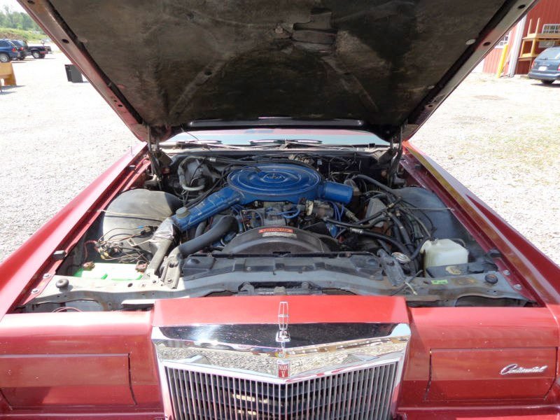The hood of a red vintage car opened to reveal the engine compartment with a blue air cleaner assembly and various engine components.
