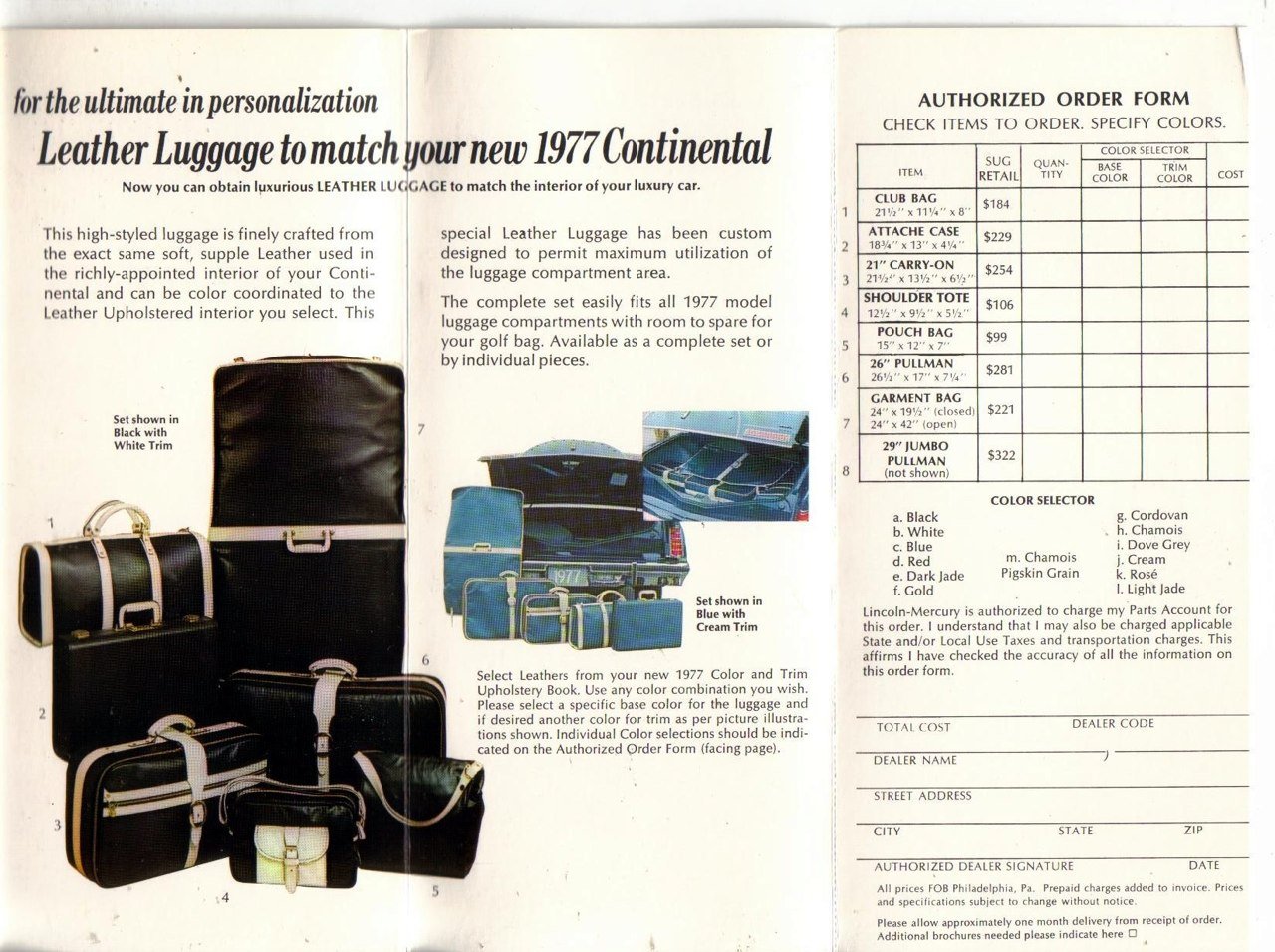 Advertisement for 1977 Continental leather luggage set, including bags, cases, and accessories, with color and item details and ordering form.