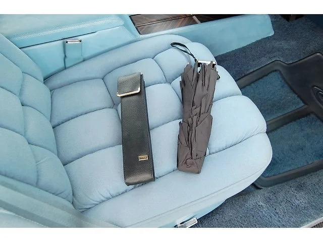 A black belt and a folded gray umbrella resting on the light blue front passenger seat of a car.
