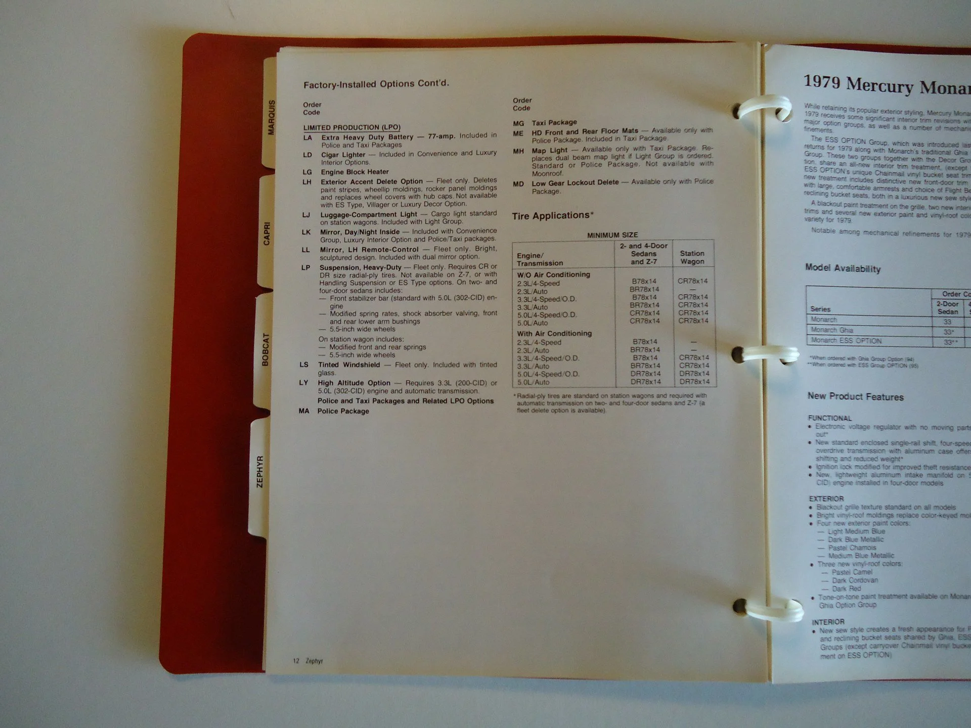 Open car brochure page with options list for 1979 Mercury Monarch, showing factory-installed features, optional packages, and model details.