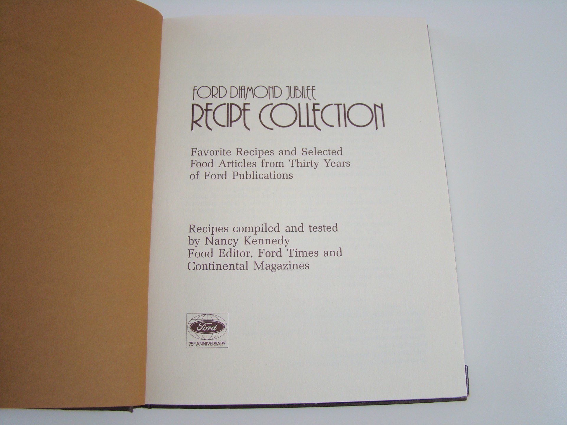 Title page of the Ford Diamond Jubilee Recipe Collection featuring favorite recipes from Ford Publications, compiled by Nancy Kennedy, food editor, with Ford logo and 75th anniversary logo at the bottom.
