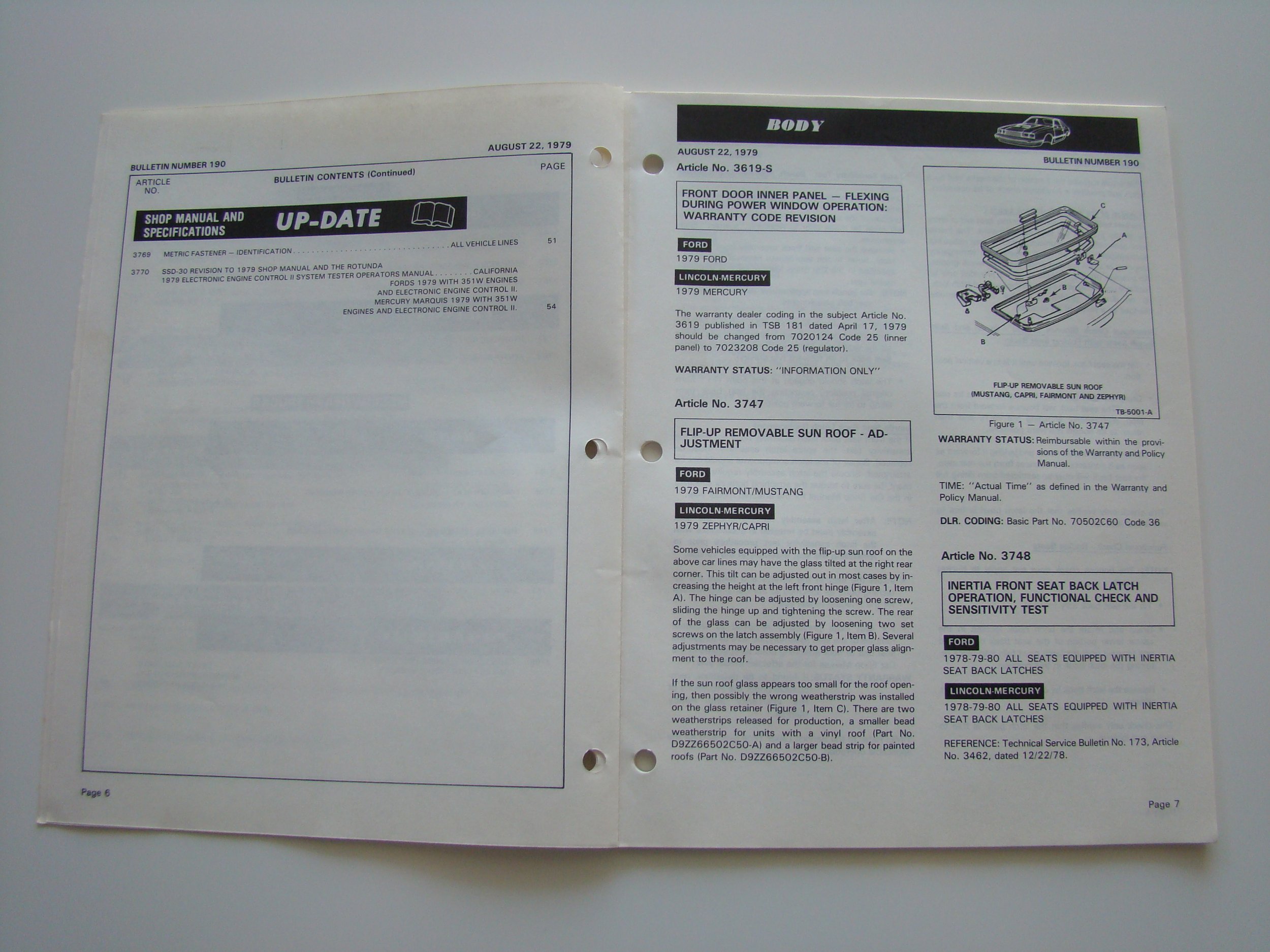Open manual pages showing technical information and diagrams for car models, including Ford, Lincoln-Mercury, and Mustang, with text about sunroof adjustment and seat latch operation.