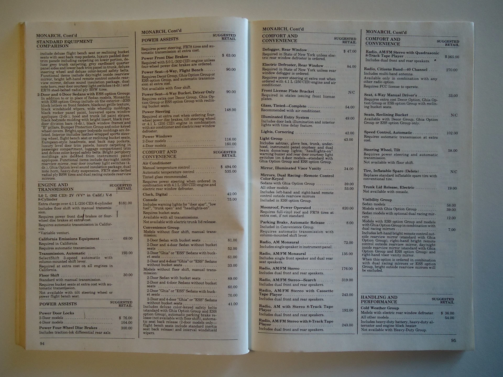A two-page spread of a vintage car parts catalog with listings and prices, including sections on standard equipment, power assists, engine and transmission, comfort and convenience, and handling and performance, on blue-tinted paper.