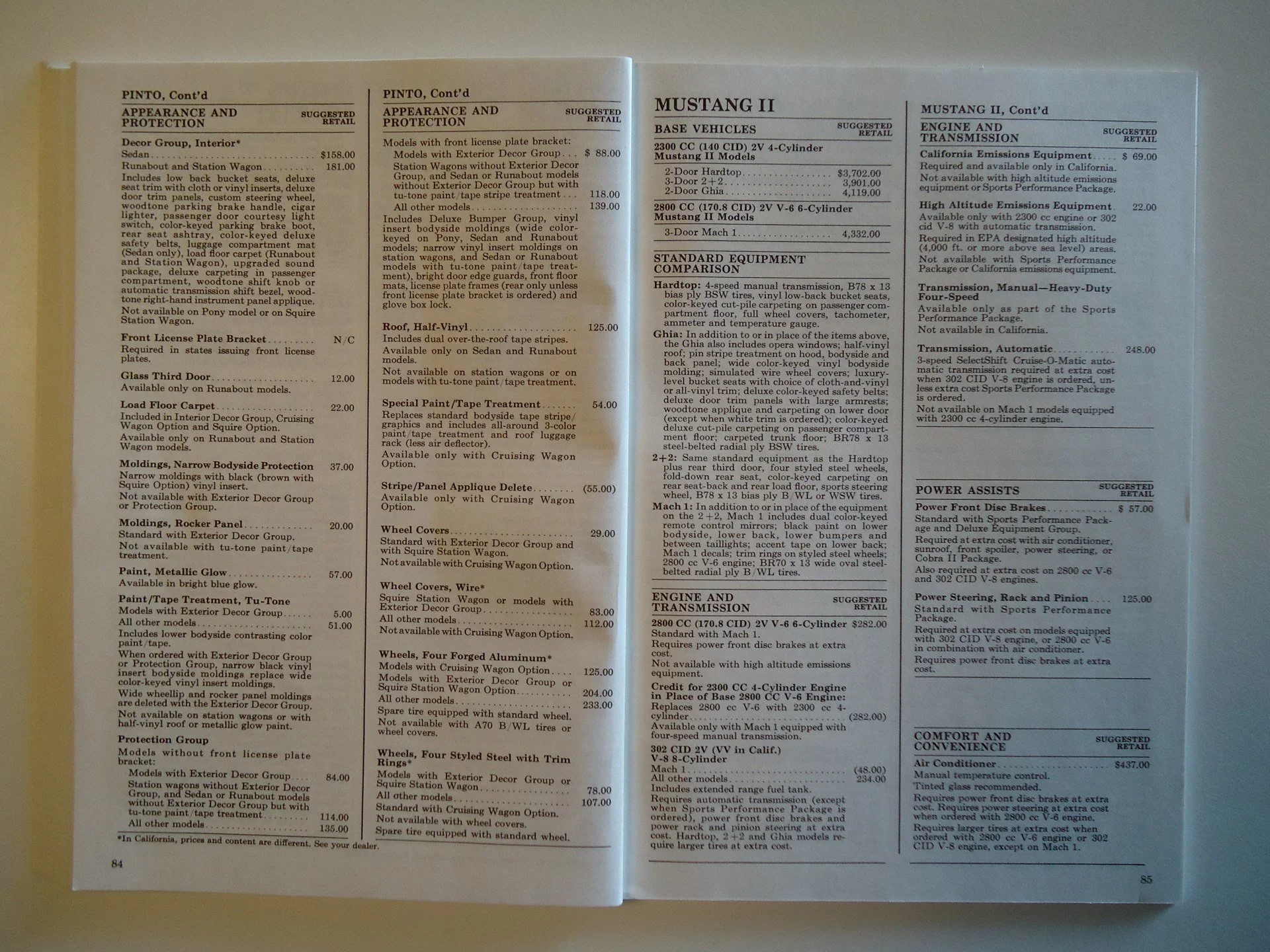 Open car parts and accessories catalog showing pages with details of Mustang II vehicles, engine and transmission options, appearance and protection features, and power and comfort accessories.