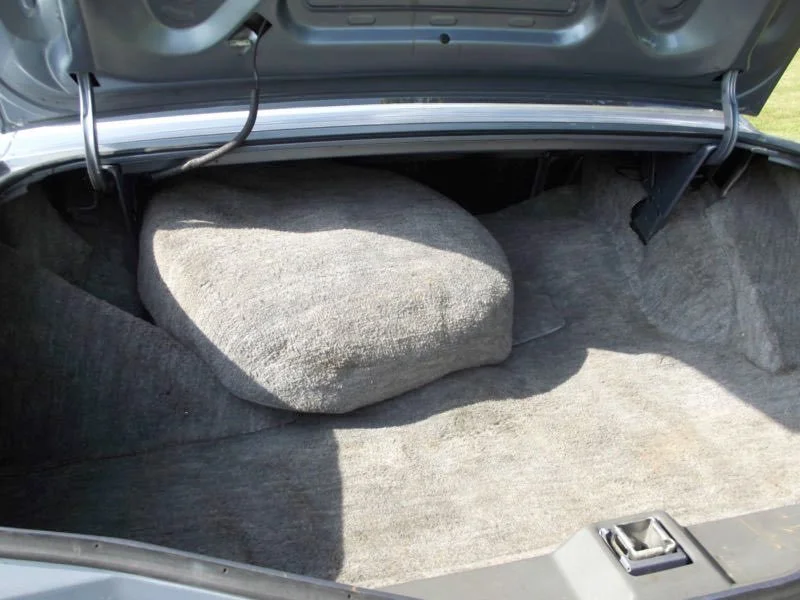 Inside the trunk of a car, showing a large gray cushion or rolled-up mat placed on the carpeted surface.
