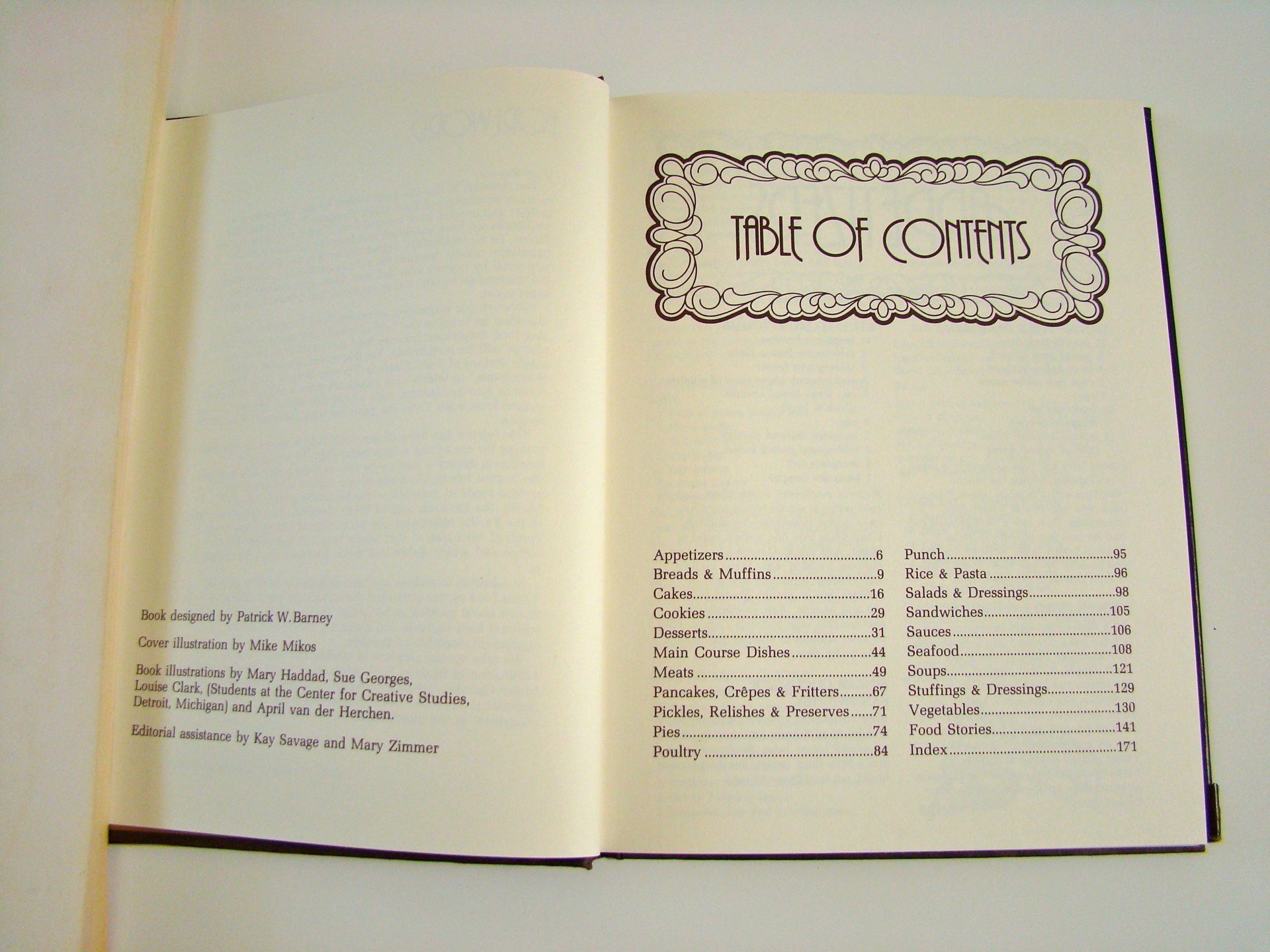 Open cookbook displaying the table of contents page