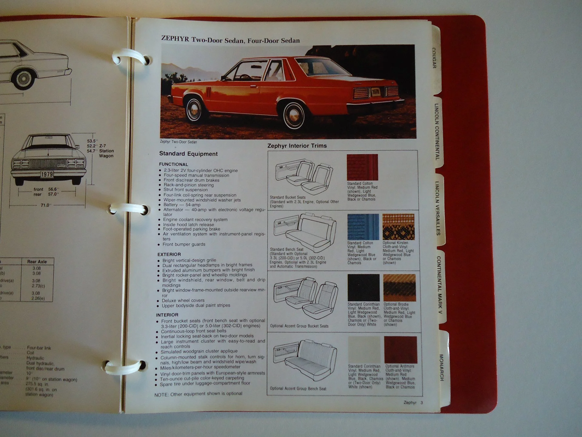 Page from a vintage car brochure showing a red Zephyr two-door sedan with specifications and interior options.