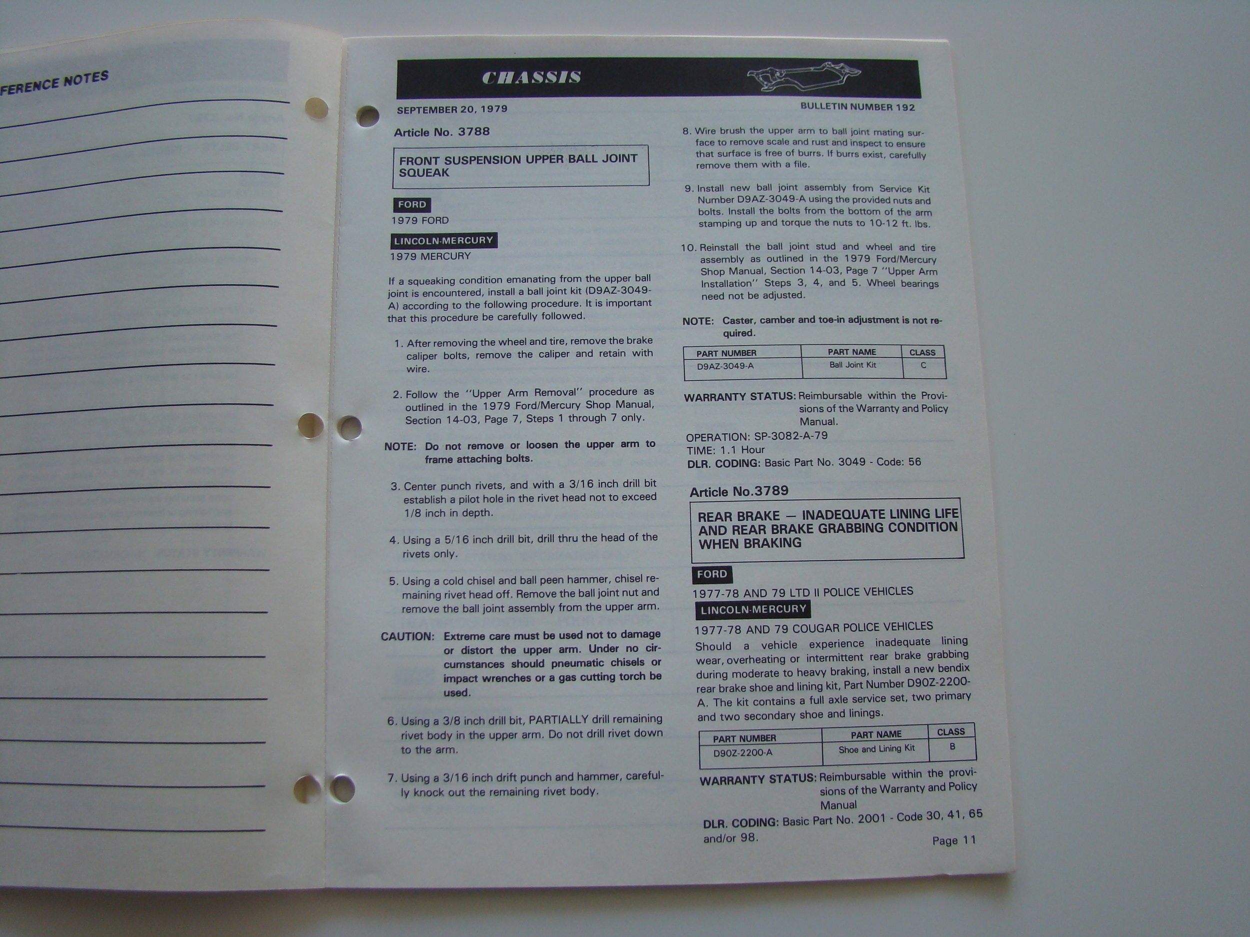Open manual page with instructions for vehicle chassis, dated September 20, 1979, Bullet number 192, including sections on suspension, wheel replacement, and brake maintenance.