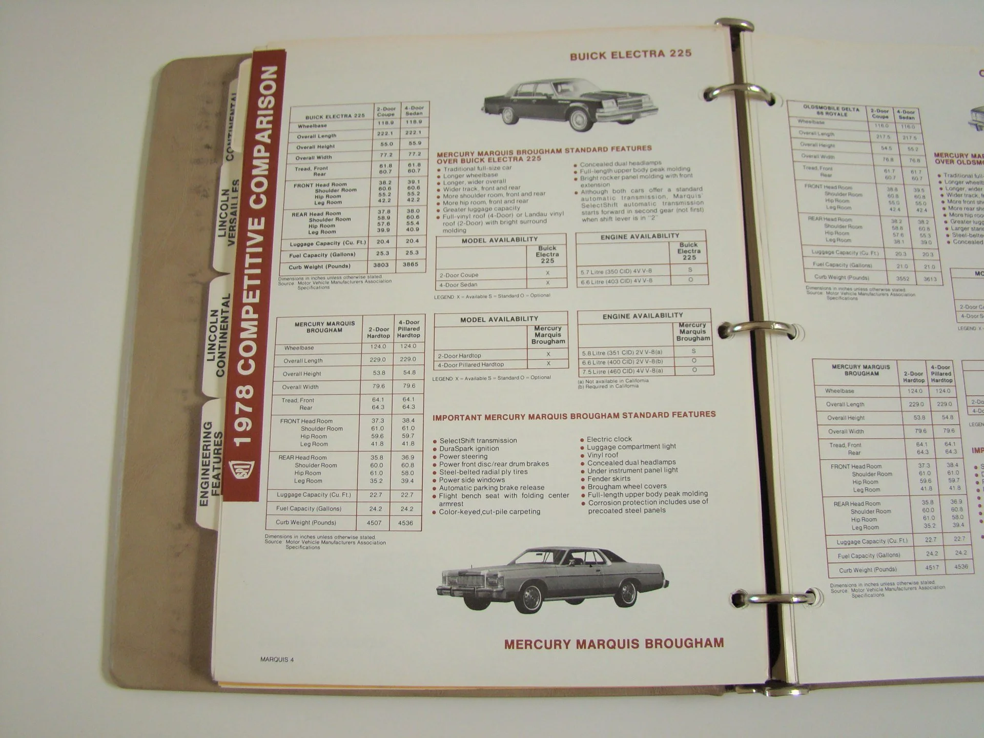 A printed car brochure displaying specifications and features of the Mercury Marquis Brougham and Buick Electra 225, including engine options, dimensions, and comfort features.