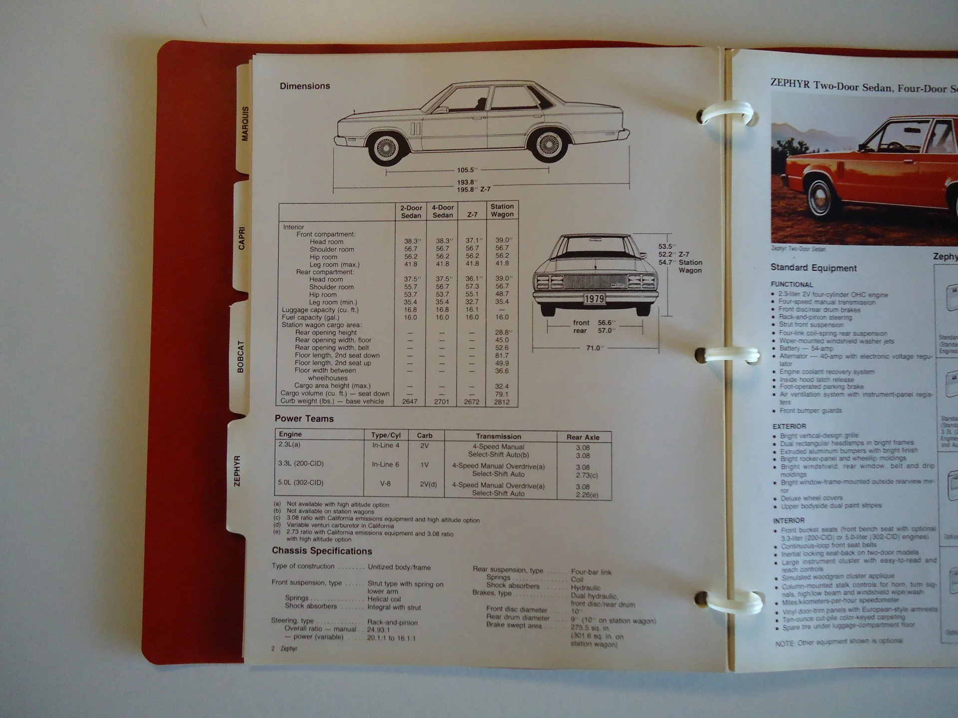 Open car brochure showing specifications and images of a 1979 car, including line drawings and a color photo of the vehicle.