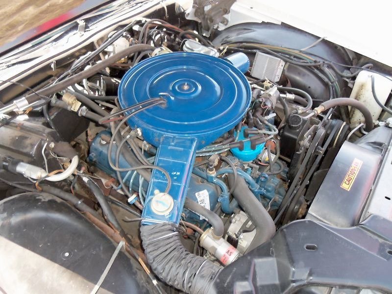 View of a vintage car engine with a prominent blue air filter cover and various hoses and components.