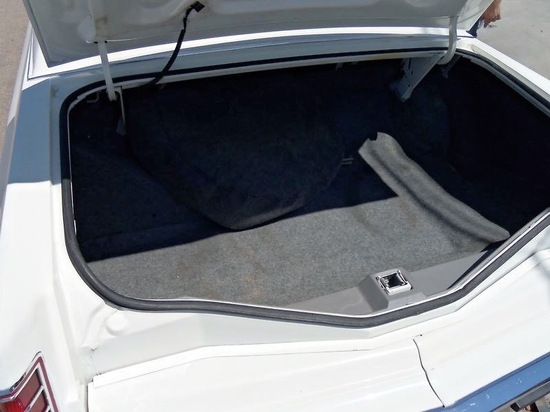 Open car trunk showing empty interior with a black bag inside.
