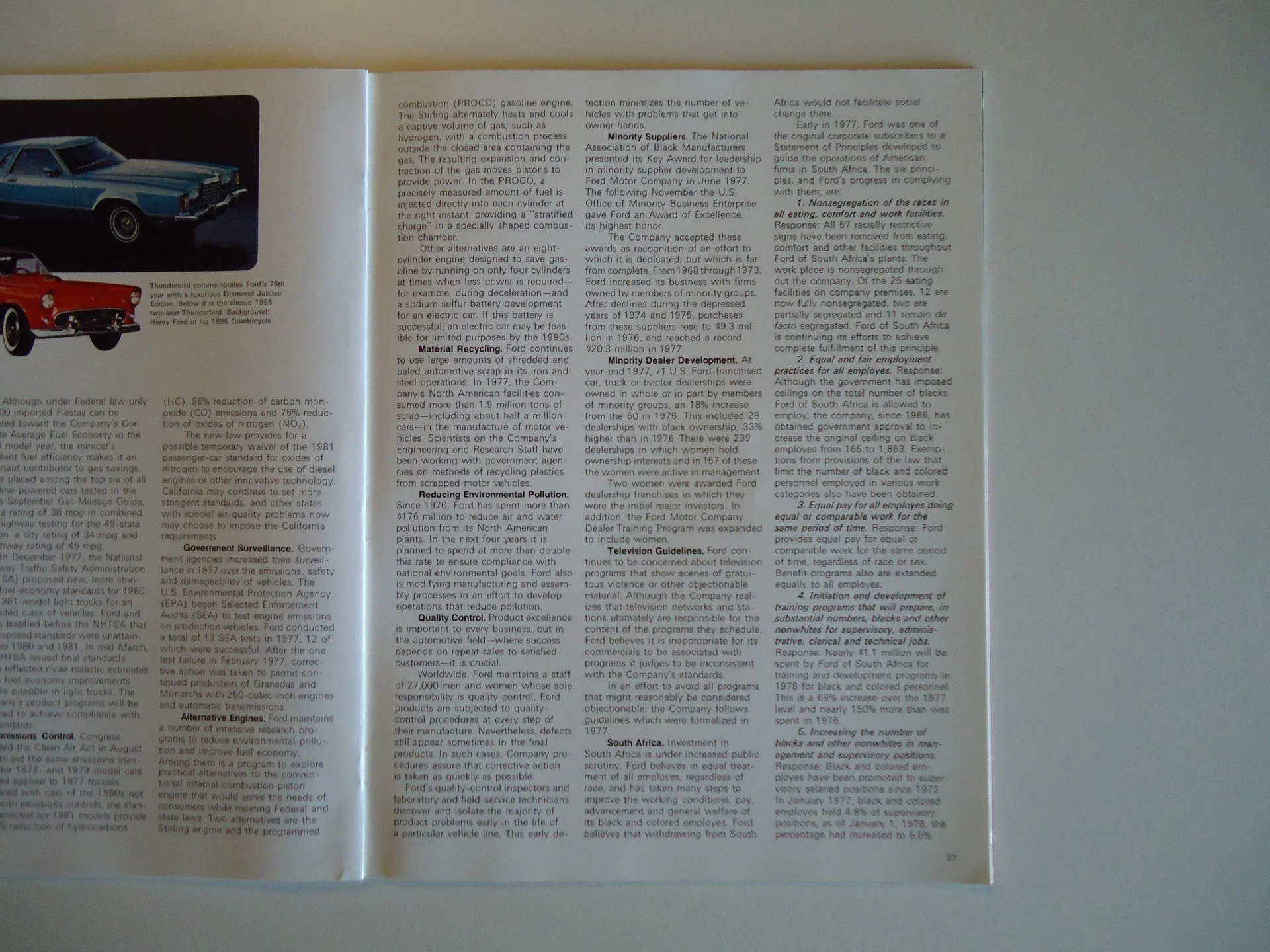 A magazine with articles and images about Ford cars, including a blue car and a red car, and text discussing Ford's history and innovations.