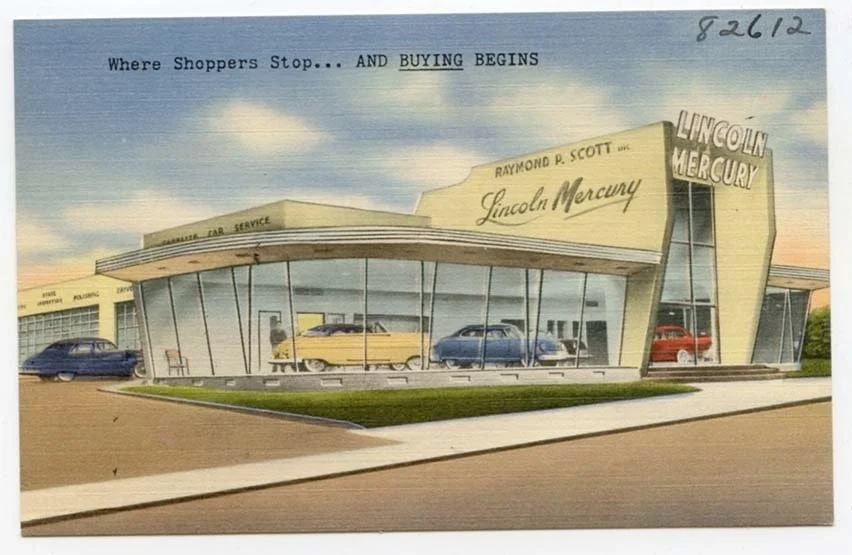 Vintage illustration of a Lincoln Mercury car dealership with a modern design, showing multiple cars inside and outside the showroom, and signage that reads Raymond P. Scott Inc. Lincoln Mercury.