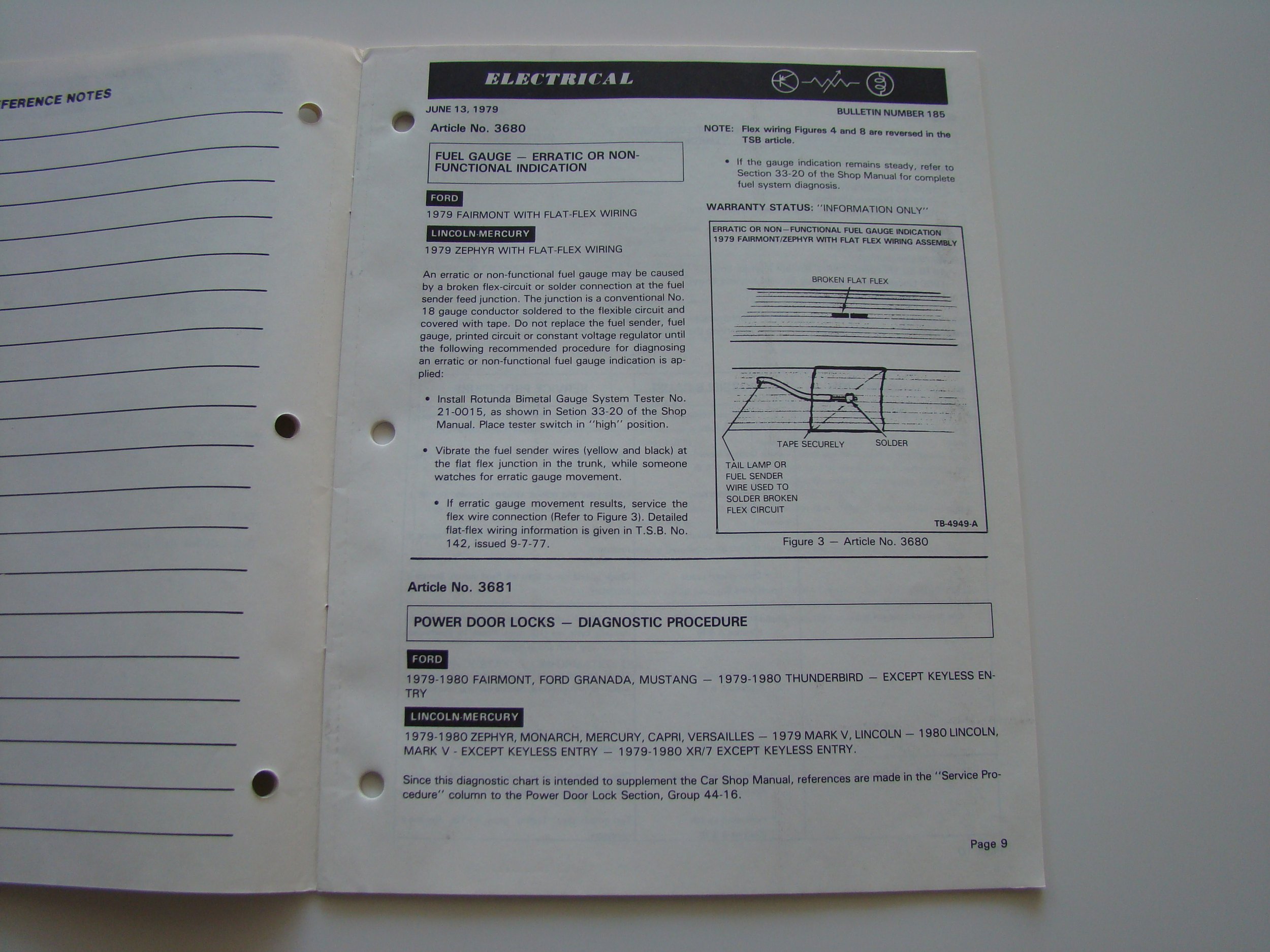 A page from an electrical troubleshooting manual with instructions and diagrams for diagnosing fuel gauge and power door lock issues on Ford and Lincoln-Mercury vehicles from 1979 to 1980.