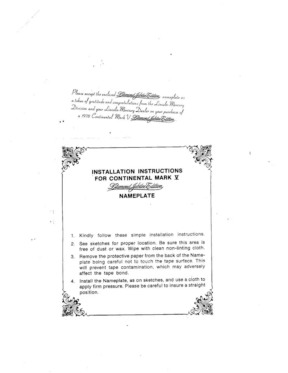 Installation instructions for Continental Mark V Diamond Jubilee Edition nameplate, including steps for proper installation and adhesive application.