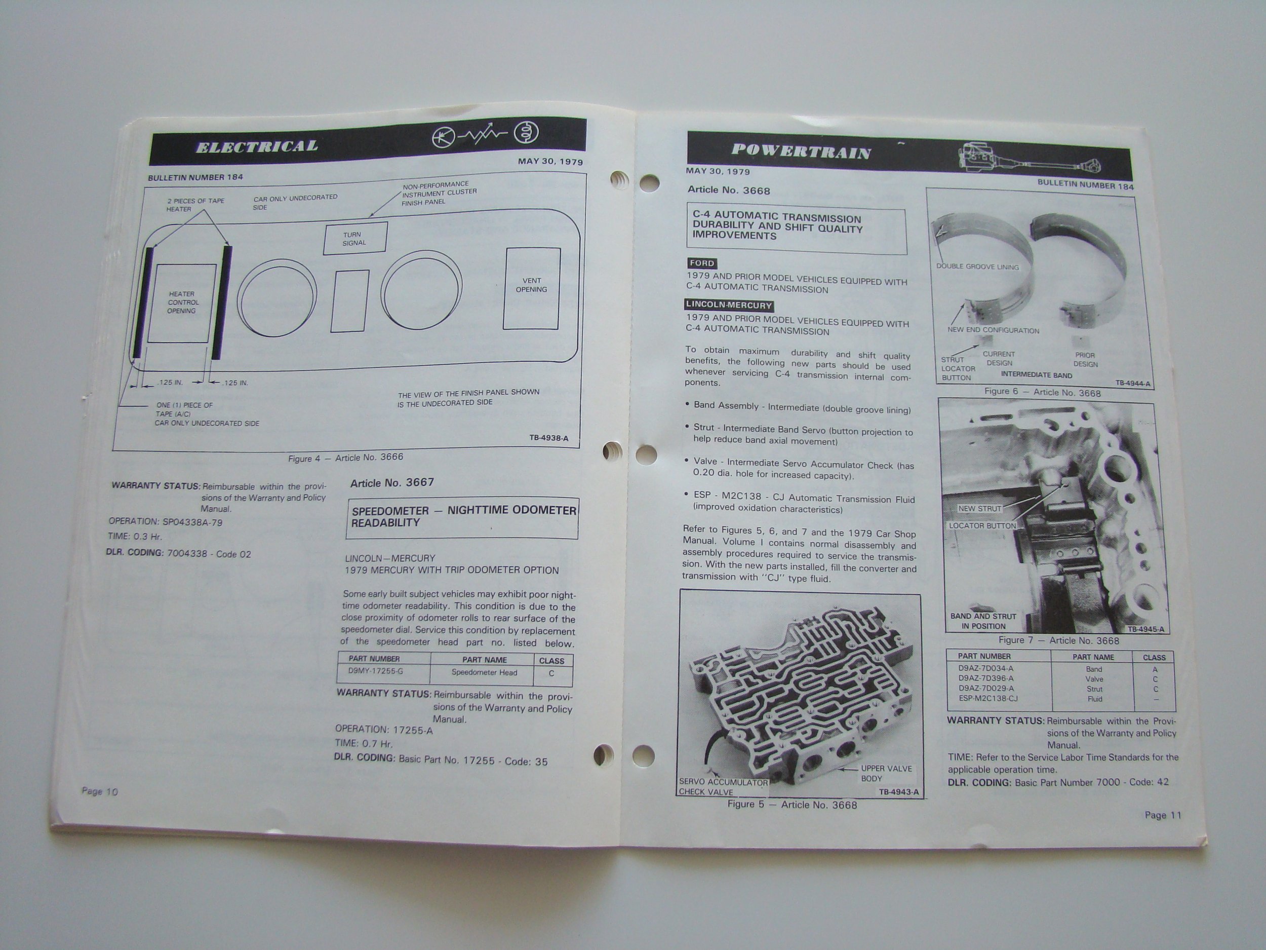 A two-page technical service bulletin from May 30, 1979, detailing electrical and powertrain specifications, diagrams, and parts information for Ford and Lincoln-Mercury vehicles, including illustrations of transmission components.