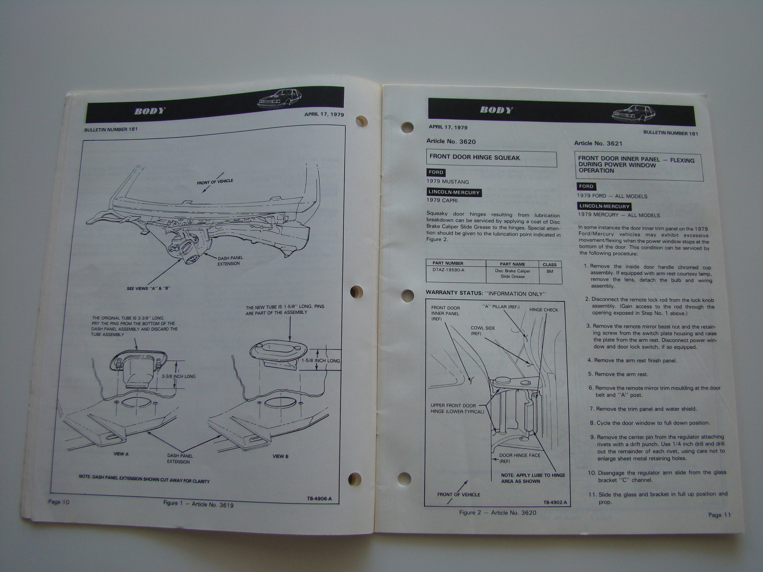 Open car repair manual showing diagrams and instructions for vehicle construction and door hinge repair.