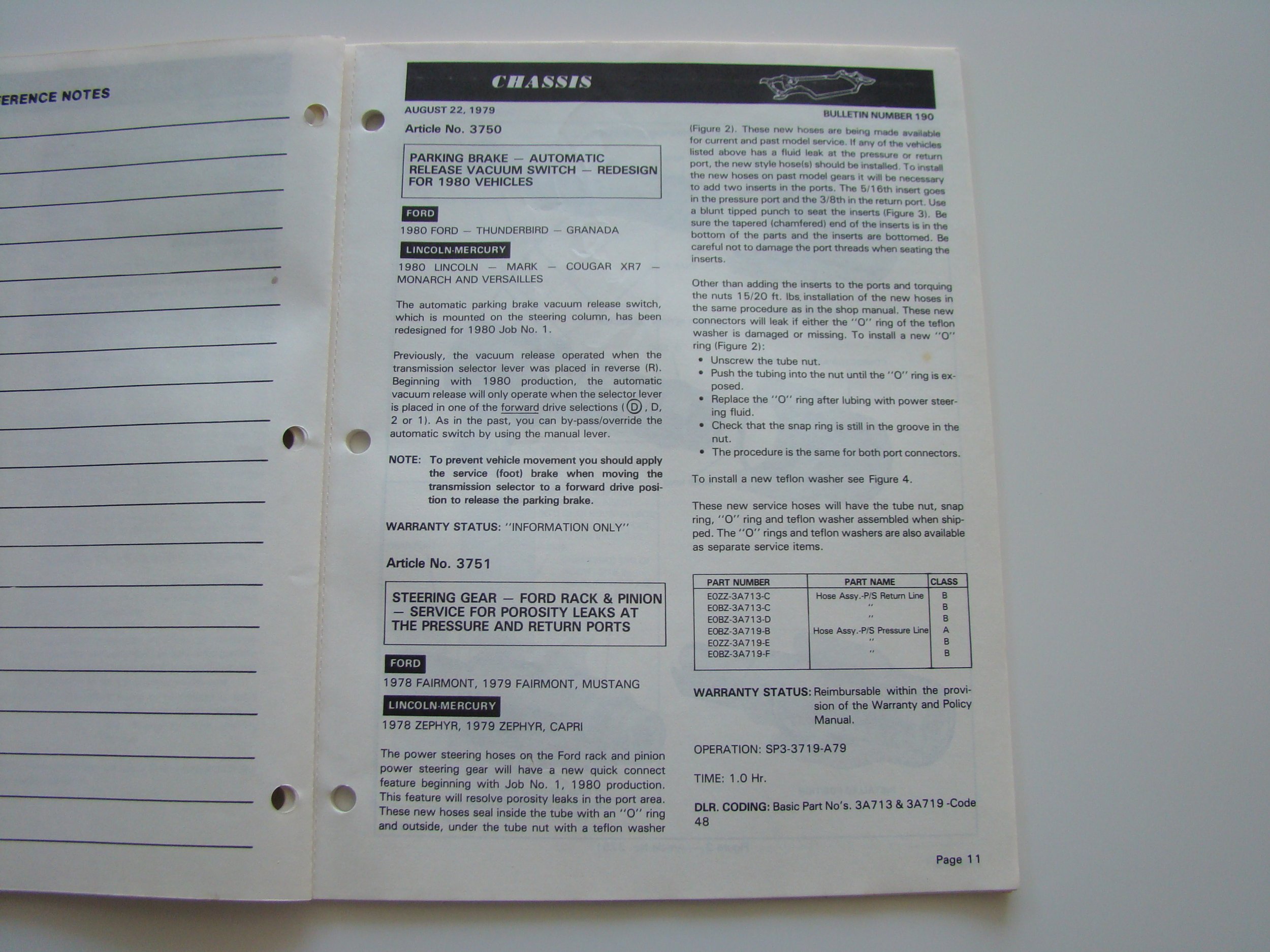 Open vehicle service manual page discussing chassis and steering gear details for Ford, Lincoln-Mercury, dated August 22, 1979.