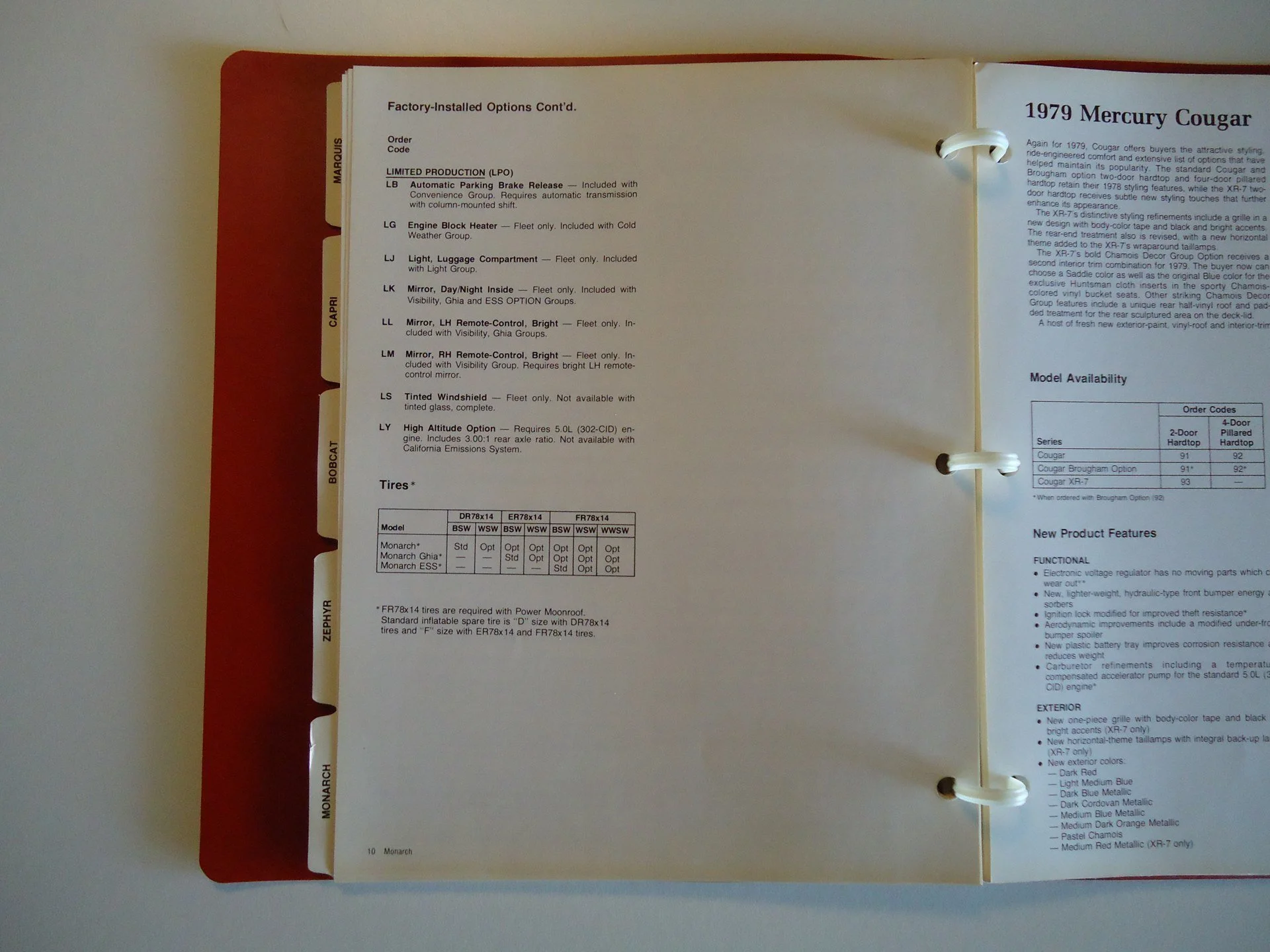 Open car manual page listing factory options for a 1979 Mercury Cougar, including production options, tire specifications, and model features.