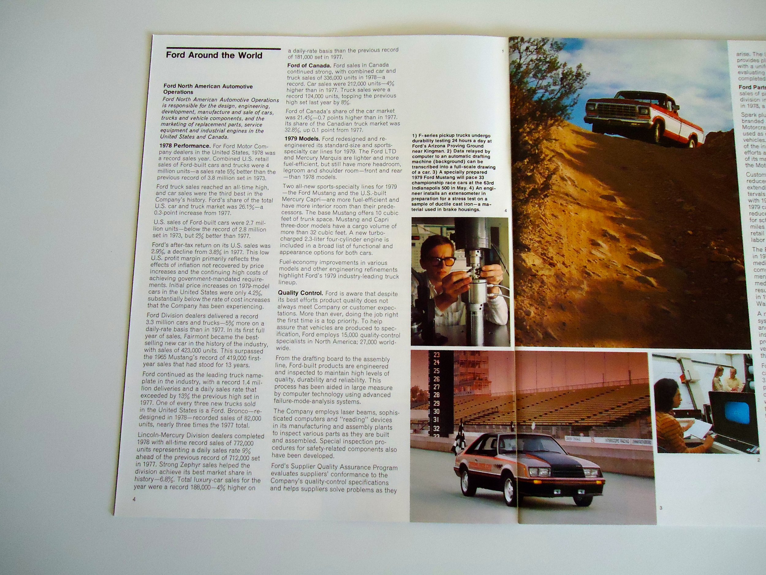 An open magazine featuring articles and images about Ford vehicles and the automotive industry, including a red and white pickup truck on a desert dune, a woman inspecting machinery, a black car in an indoor setting, and people discussing in a room.