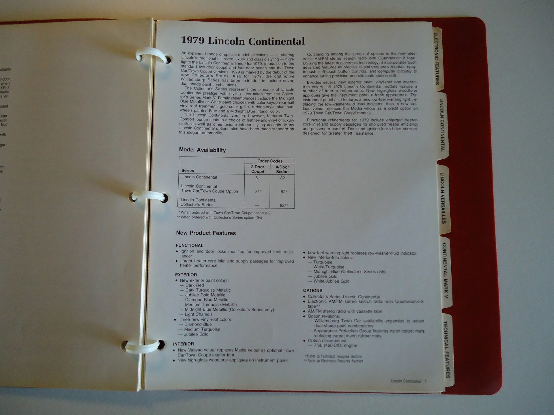 Page from a manual or brochure describing the 1979 Lincoln Continental, including model options, features, and exclusive details.