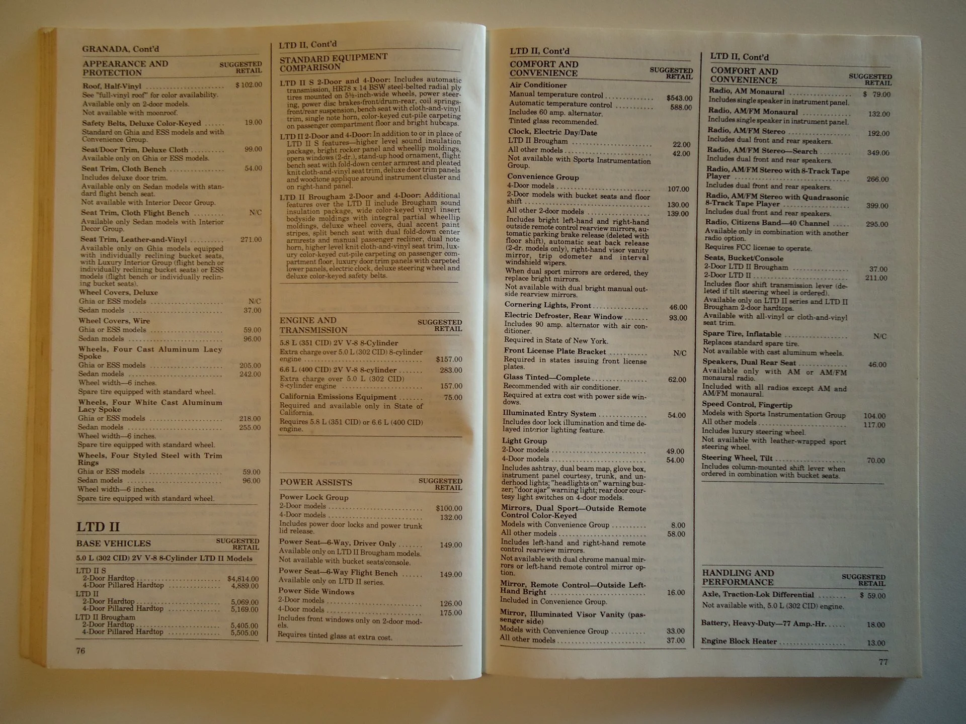 Page from a vintage car parts catalog listing various vehicle models, prices, and accessories, including engine, transmission, base vehicles, comfort, and handling features.