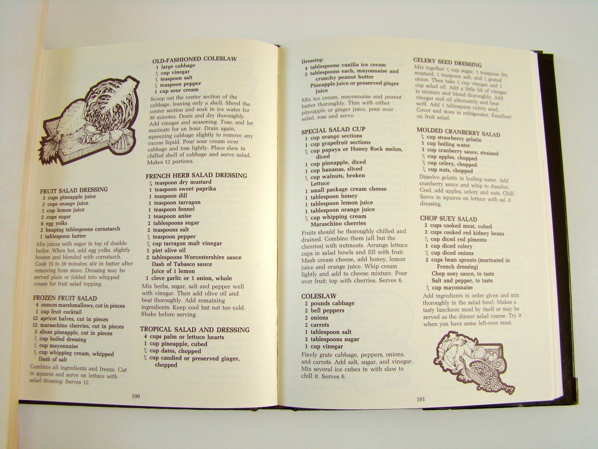 Open cookbook featuring recipes for old-fashioned coleslaw, fruit salad dressing, frozen fruit salad, tropical salad and dressing, celery seed dressing, special salad cup, molded cranberry salad, and chop suey salad, with illustrations of vegetables