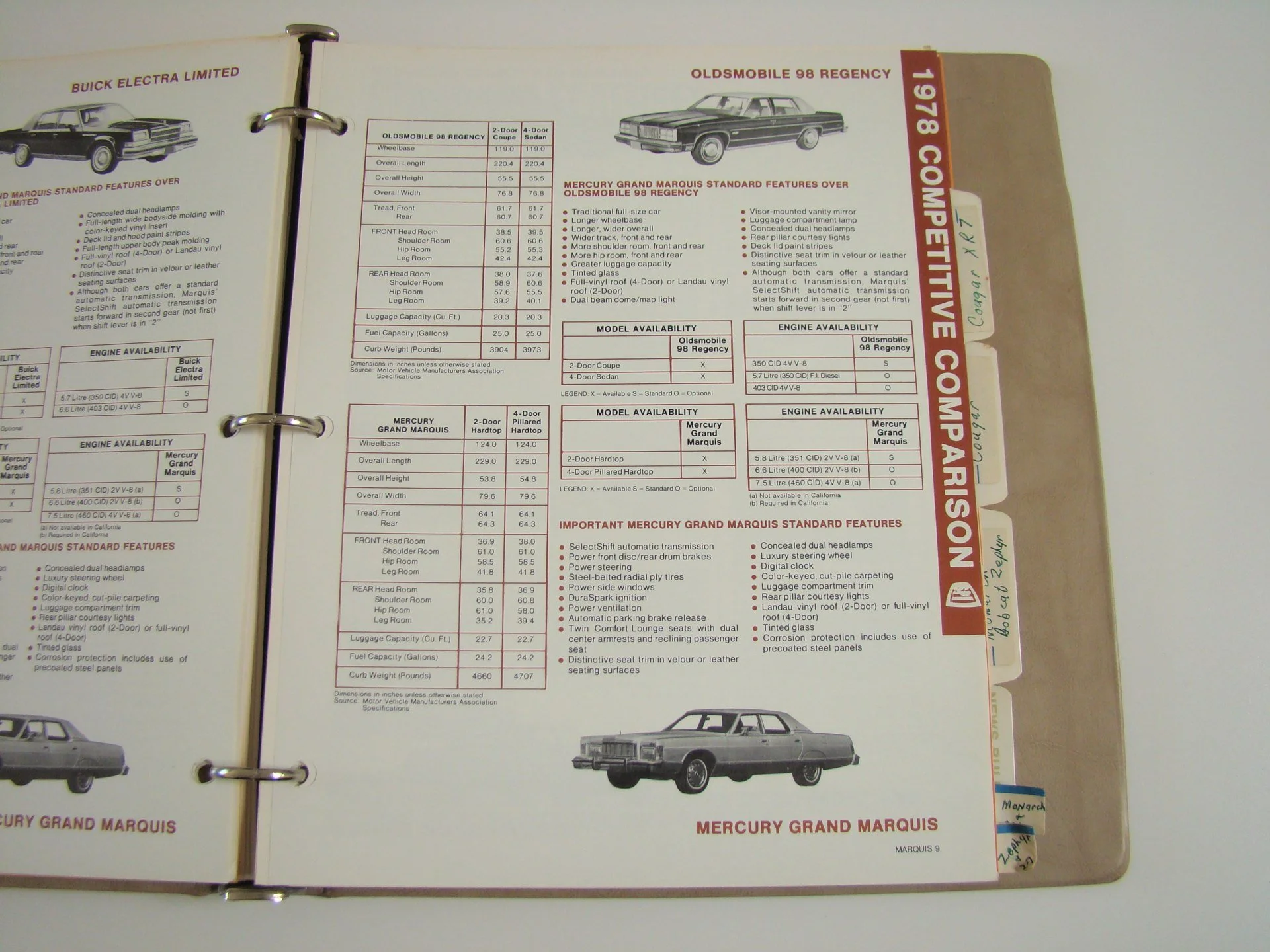 A page from a vintage car brochure featuring specifications, features, and illustrations of the 1978 Oldsmobile 98 Regency and Mercury Grand Marquis models.