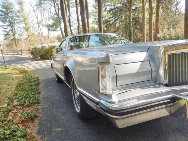 Silver vintage Cadillac parked on a driveway with trees in the background.